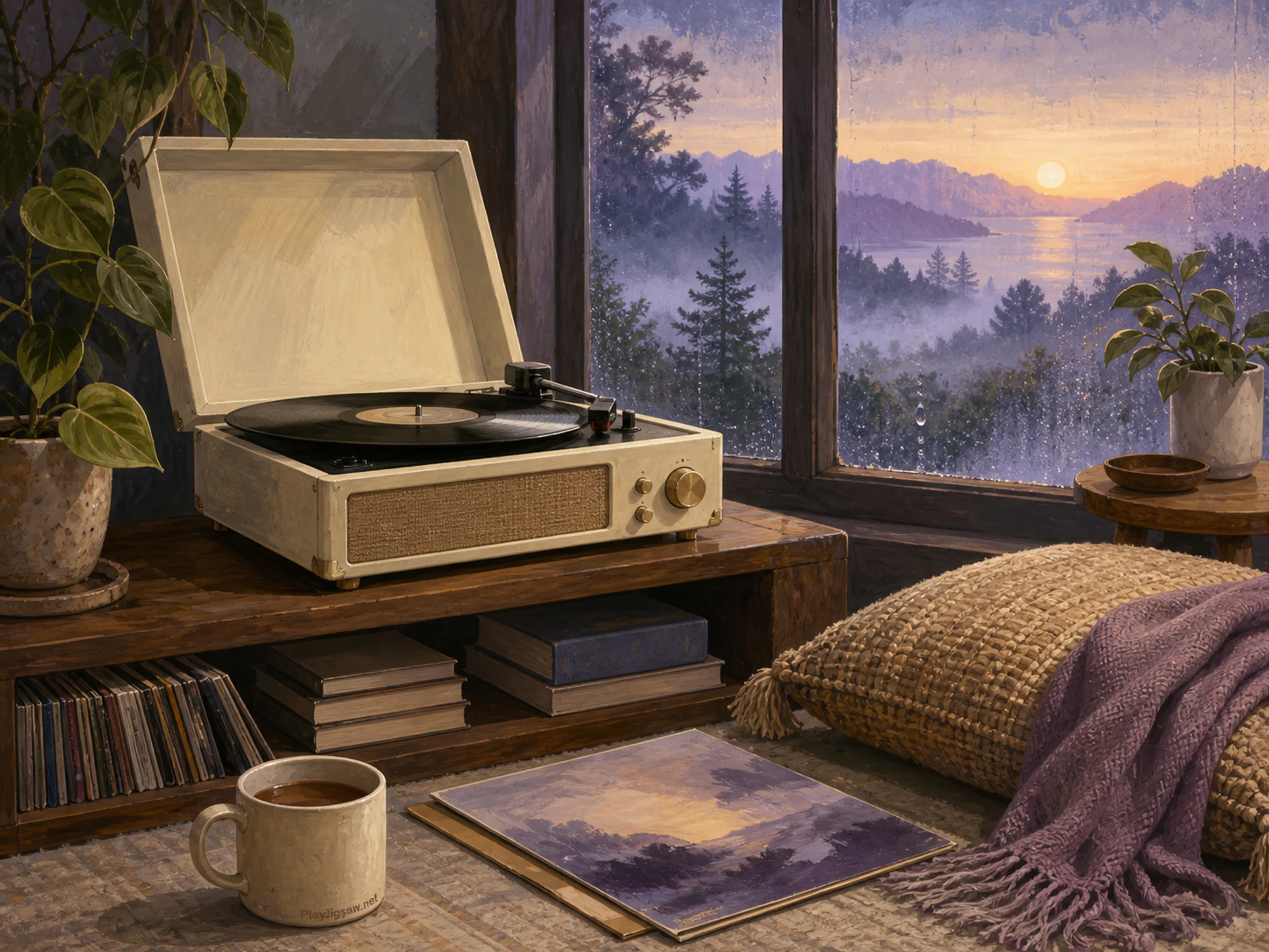 Ivory Record Player playing softly near woven porch cushion in a calm listening corner, with layered scenery and calm misty dawn.