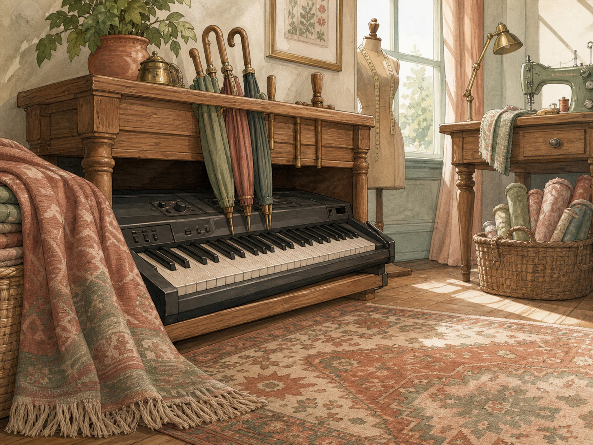 Music Studio Keyboard stored beneath wooden umbrella stand in a fabric-filled sewing room, with layered scenery and clear early morning light.