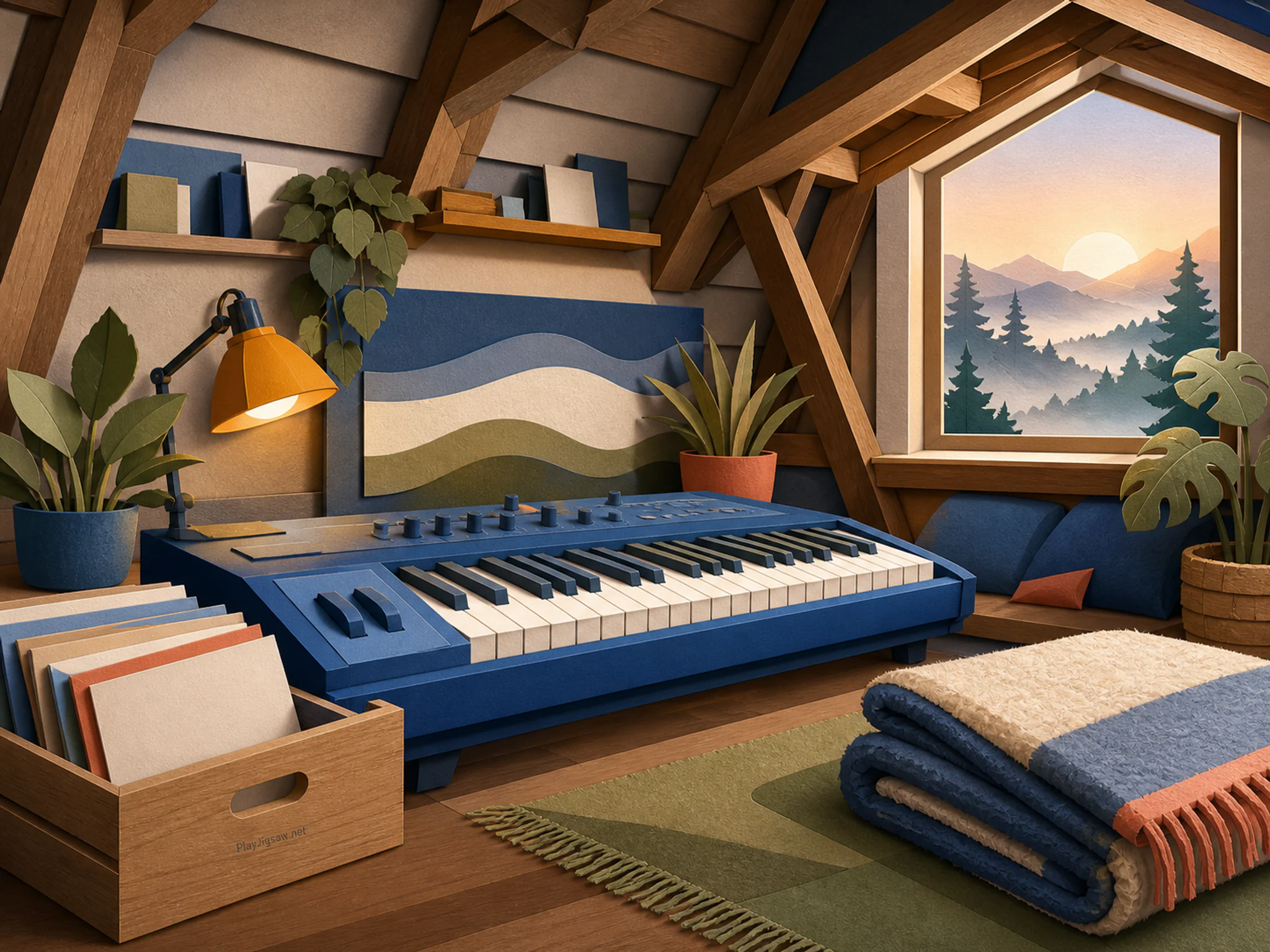 Music Studio Keyboard set for morning near folded wool blanket in a timbered attic workspace, with layered scenery and calm misty dawn.