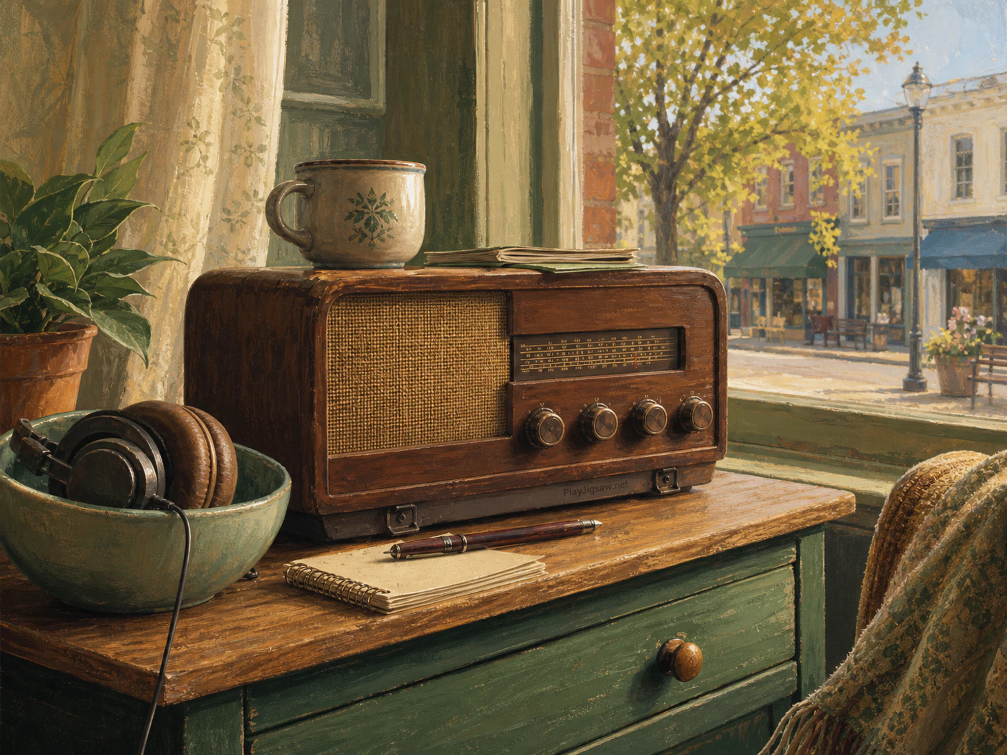 radio theater desk resting naturally beside a ceramic headphone bowl in a living-room radio desk beside a street-facing window, with familiar objects and golden kitchen-window.