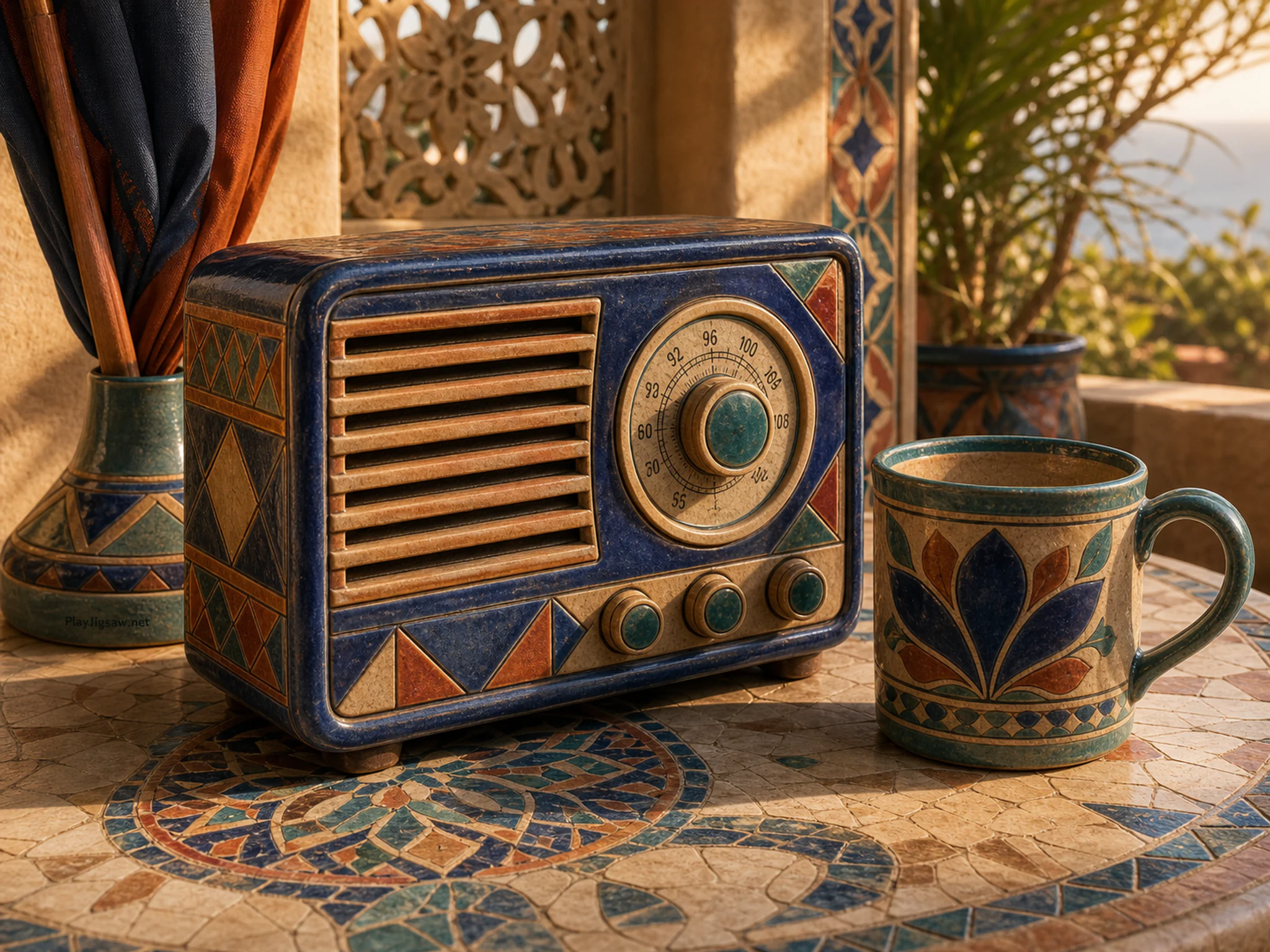 Radio Theater Desk drying beside ceramic breakfast mug in a sheltered outdoor veranda, with layered scenery and warm late-day sunlight.