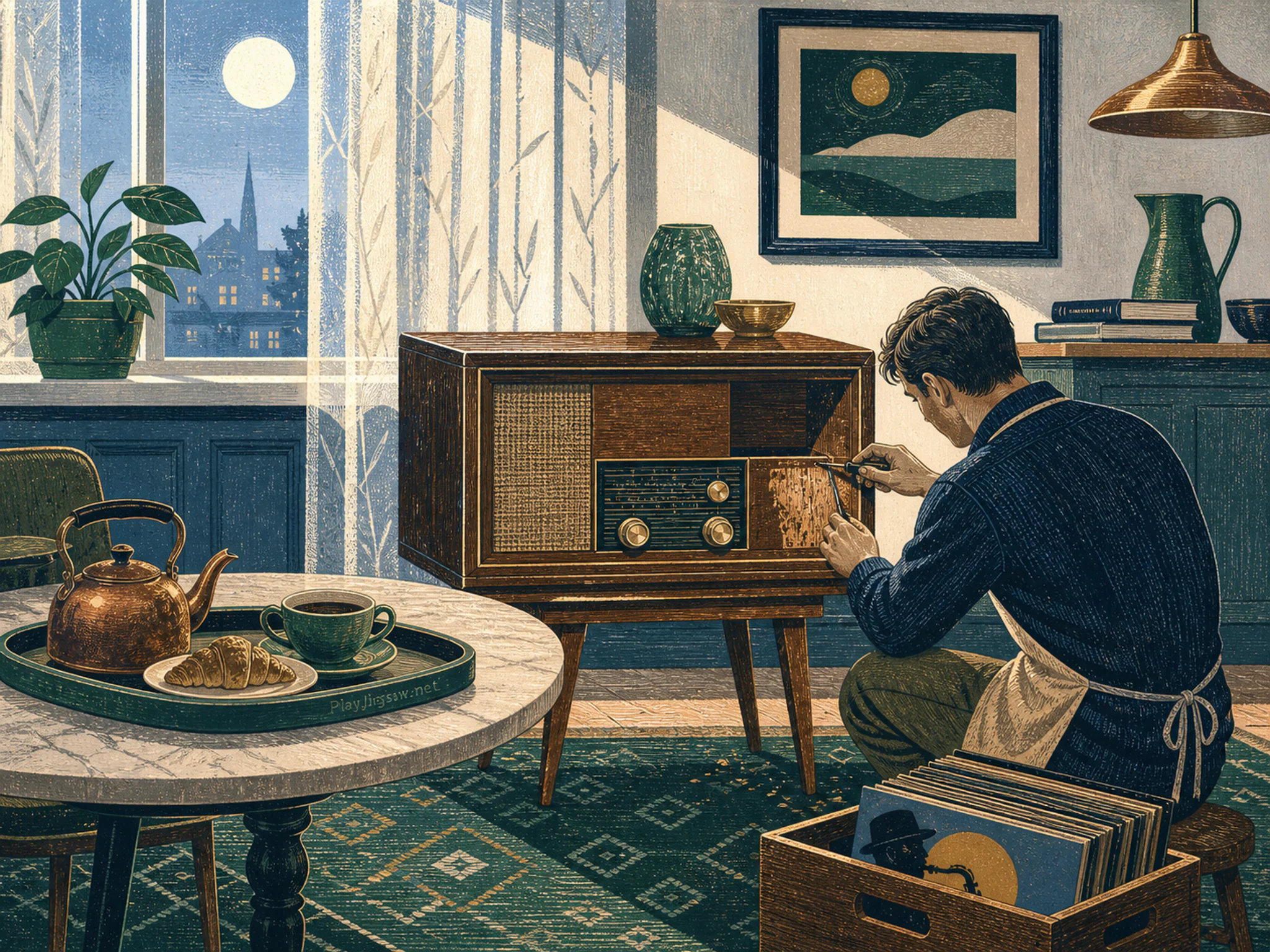 Vintage Radio Table being mended beside walnut record crate in a bright morning breakfast corner, with layered scenery and cool blue-hour light.
