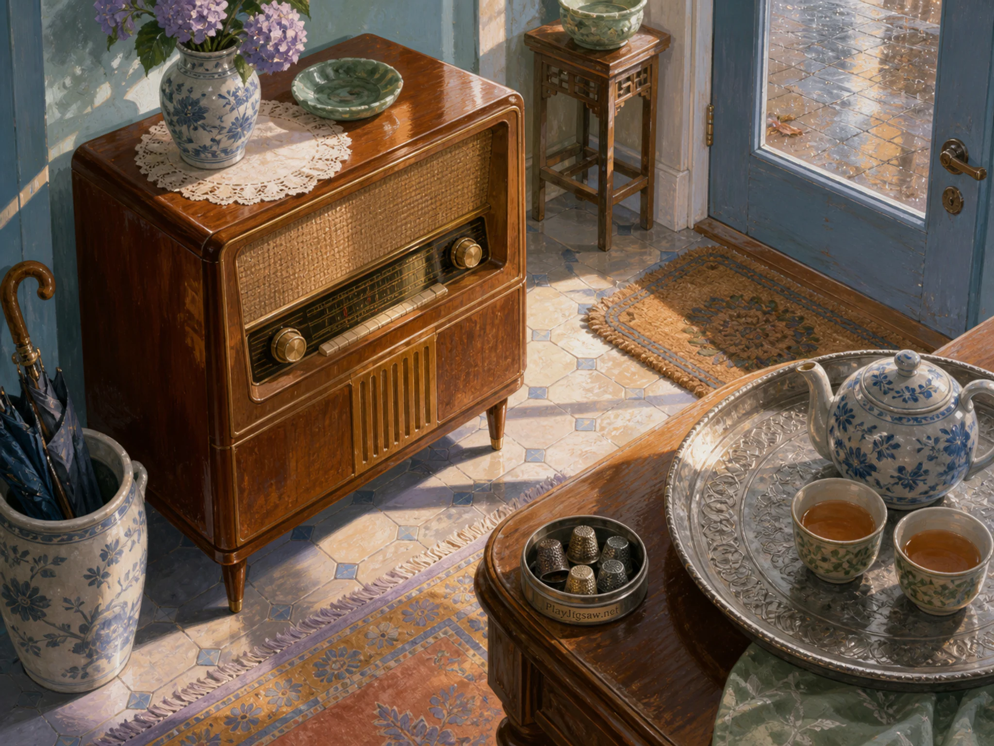 Vintage Radio Table catching a breeze beside engraved tea tray in a rain-speckled entry room, with layered scenery and warm late-day sunlight.