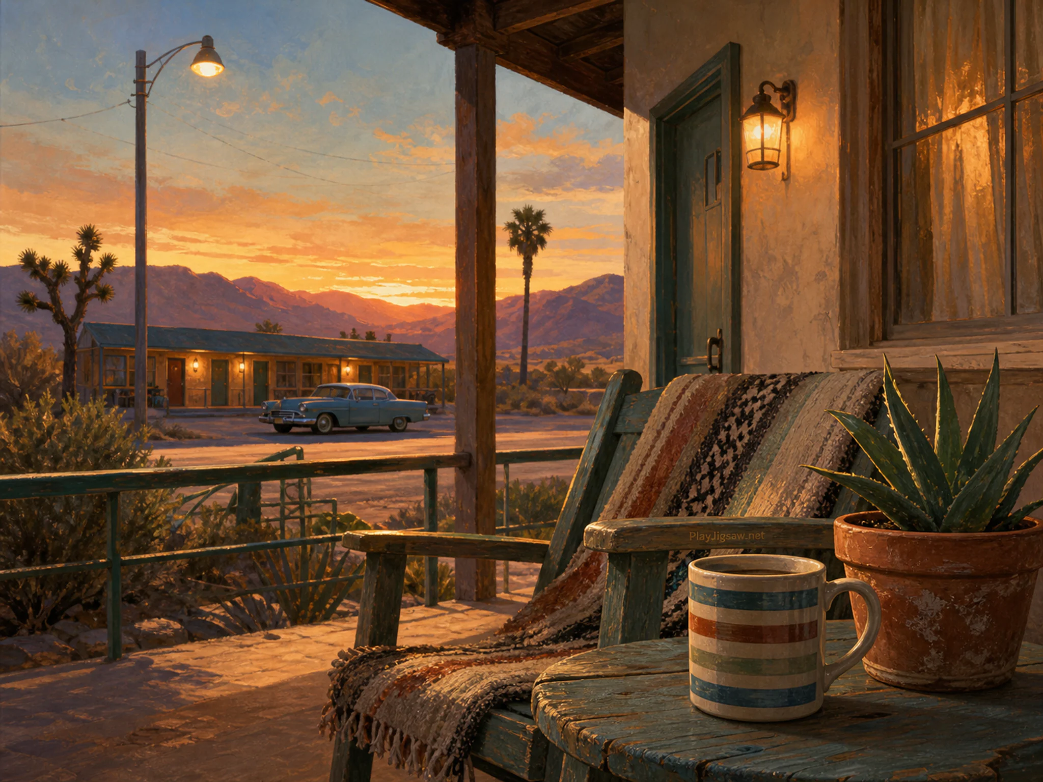 desert motel terrace resting naturally beside a striped ceramic mug in a quiet roadside motel terrace with a chair and potted plant, with familiar objects and warm lamplight at.