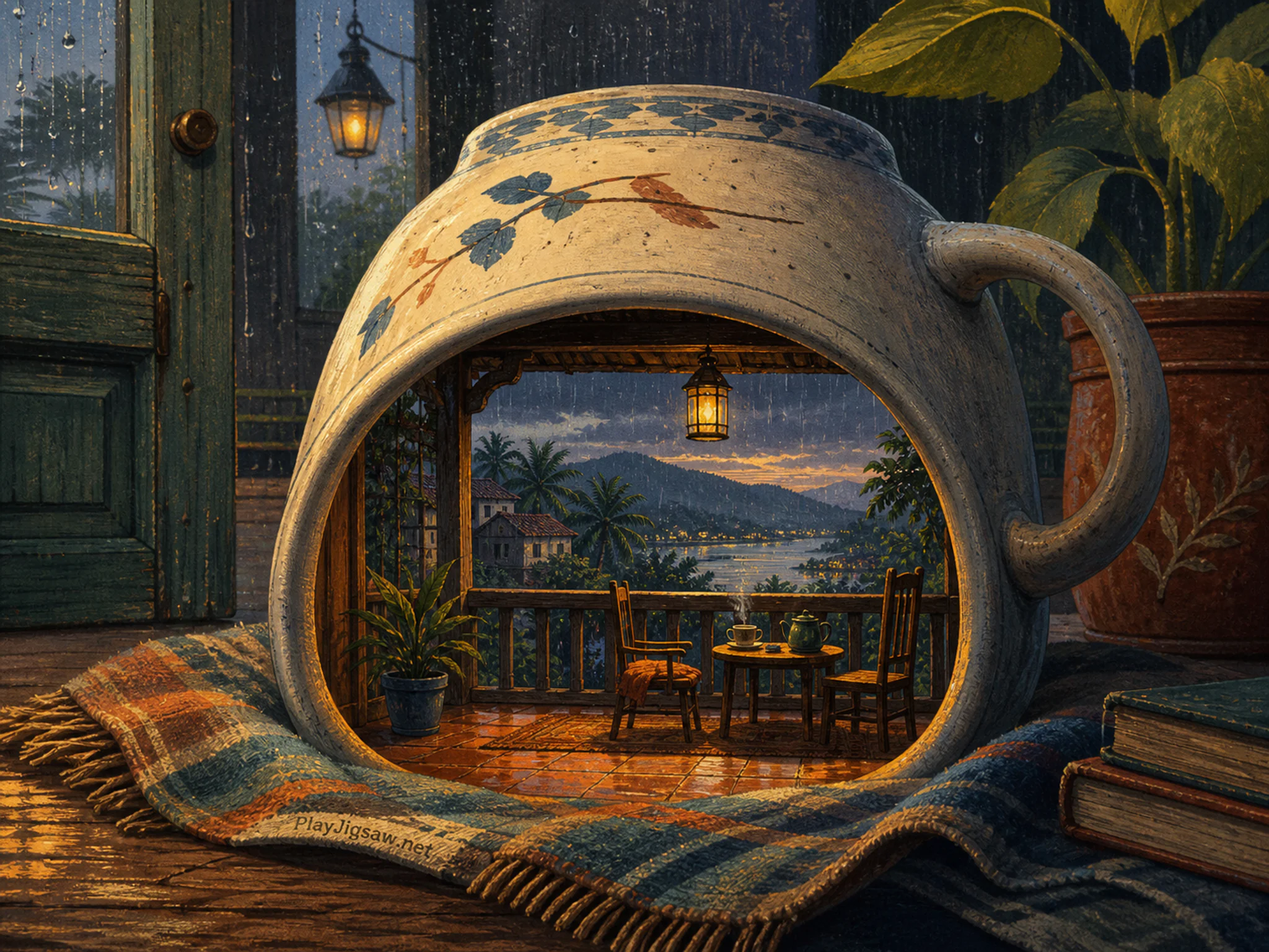 Monsoon Tea Veranda stored beneath ceramic breakfast mug in a rain-speckled entry room, with layered scenery and golden lamplight at dusk.