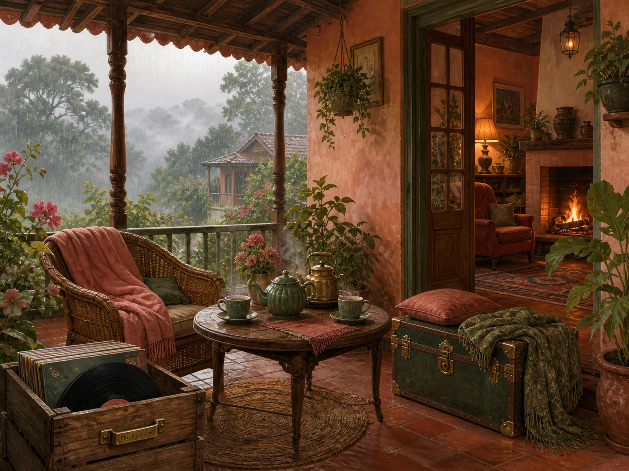Monsoon Tea Veranda set for morning near small storage trunk in a firelit evening corner, with layered scenery and bright diffused window light.