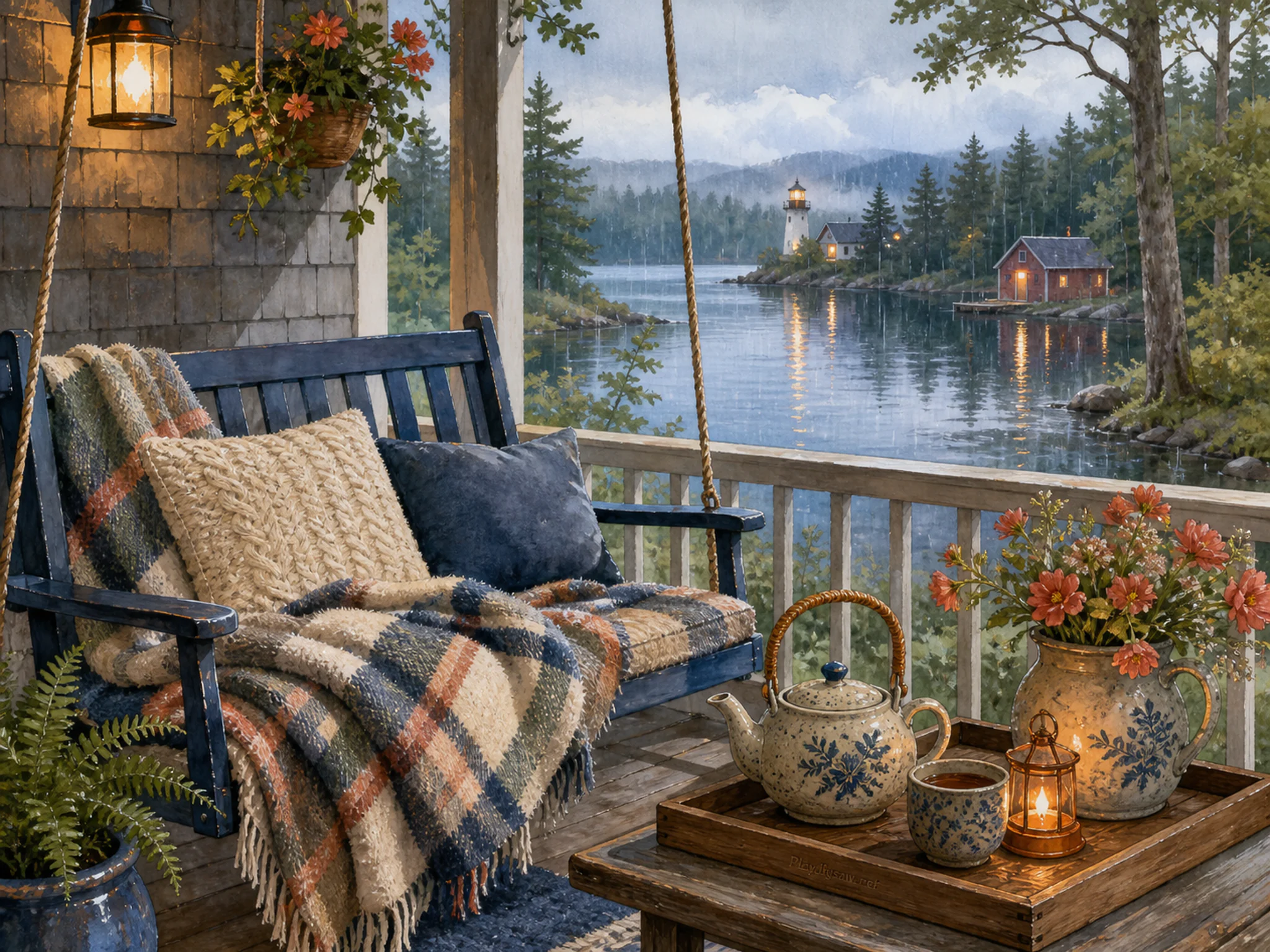 Porch Swing being mended beside folded wool blanket in a calm listening corner, with layered scenery and gentle rain with crisp reflections.