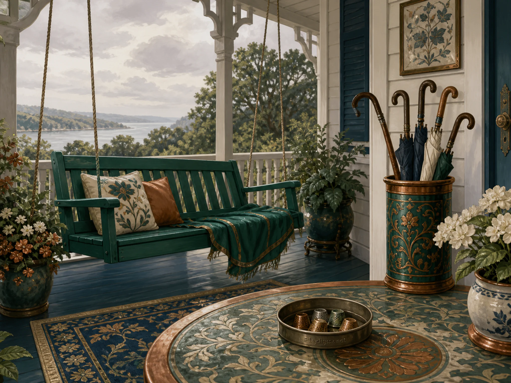 Porch Swing catching a breeze beside wooden umbrella stand in a sheltered outdoor veranda, with layered scenery and soft overcast afternoon.