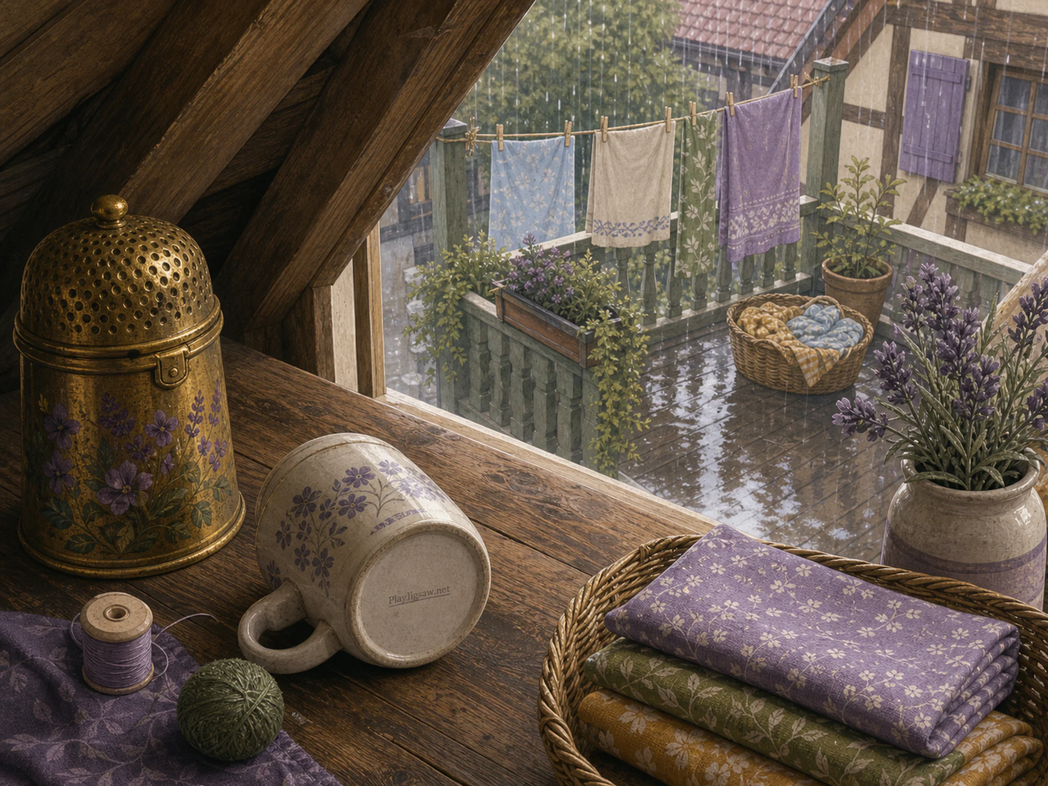 Sunlit Laundry Balcony nestled beside brass thimble tin in a timbered attic workspace, with layered scenery and gentle rain with crisp reflections.