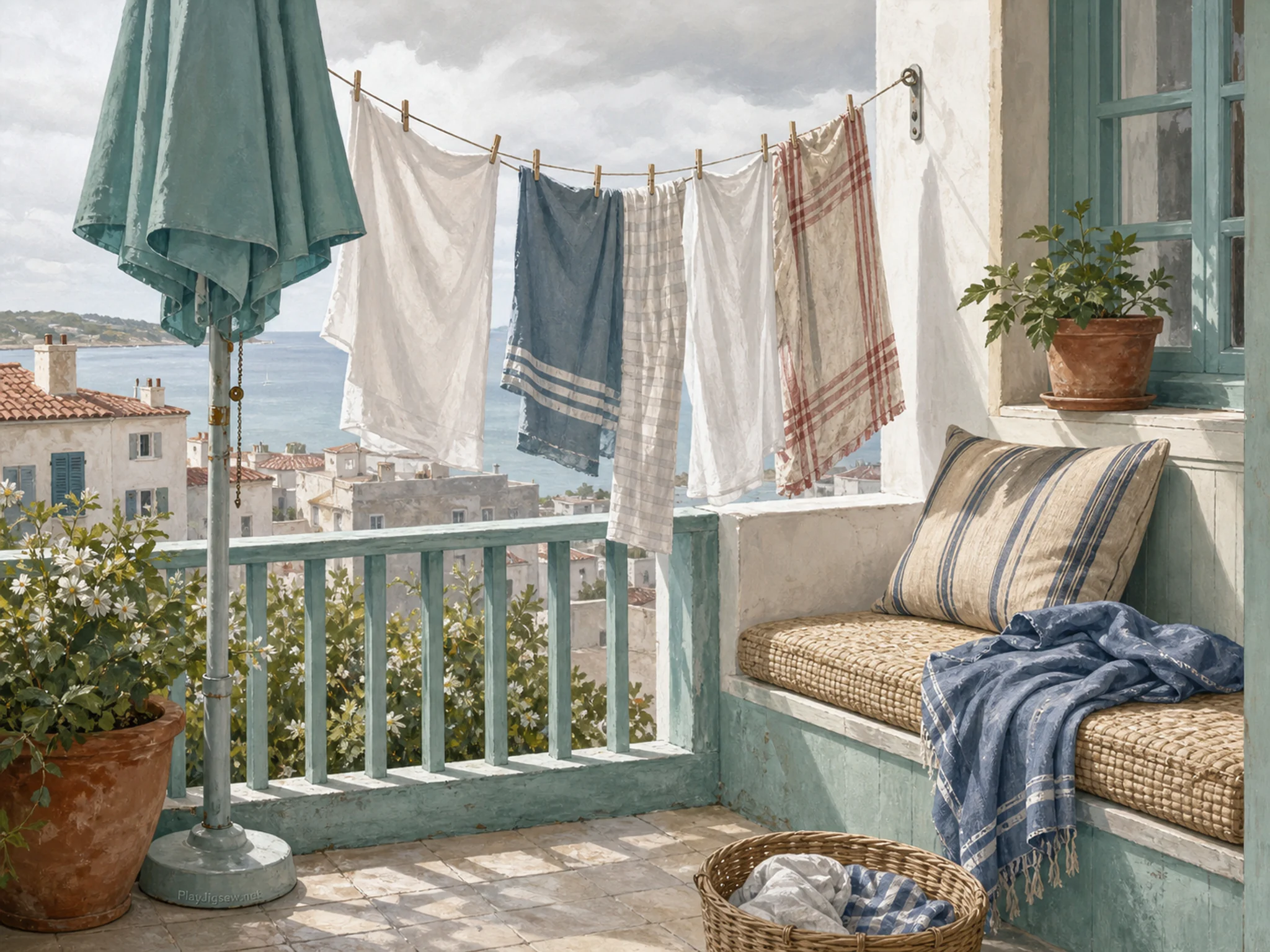 Sunlit Laundry Balcony drying beside woven porch cushion in a softly lit window alcove, with layered scenery and soft overcast afternoon.