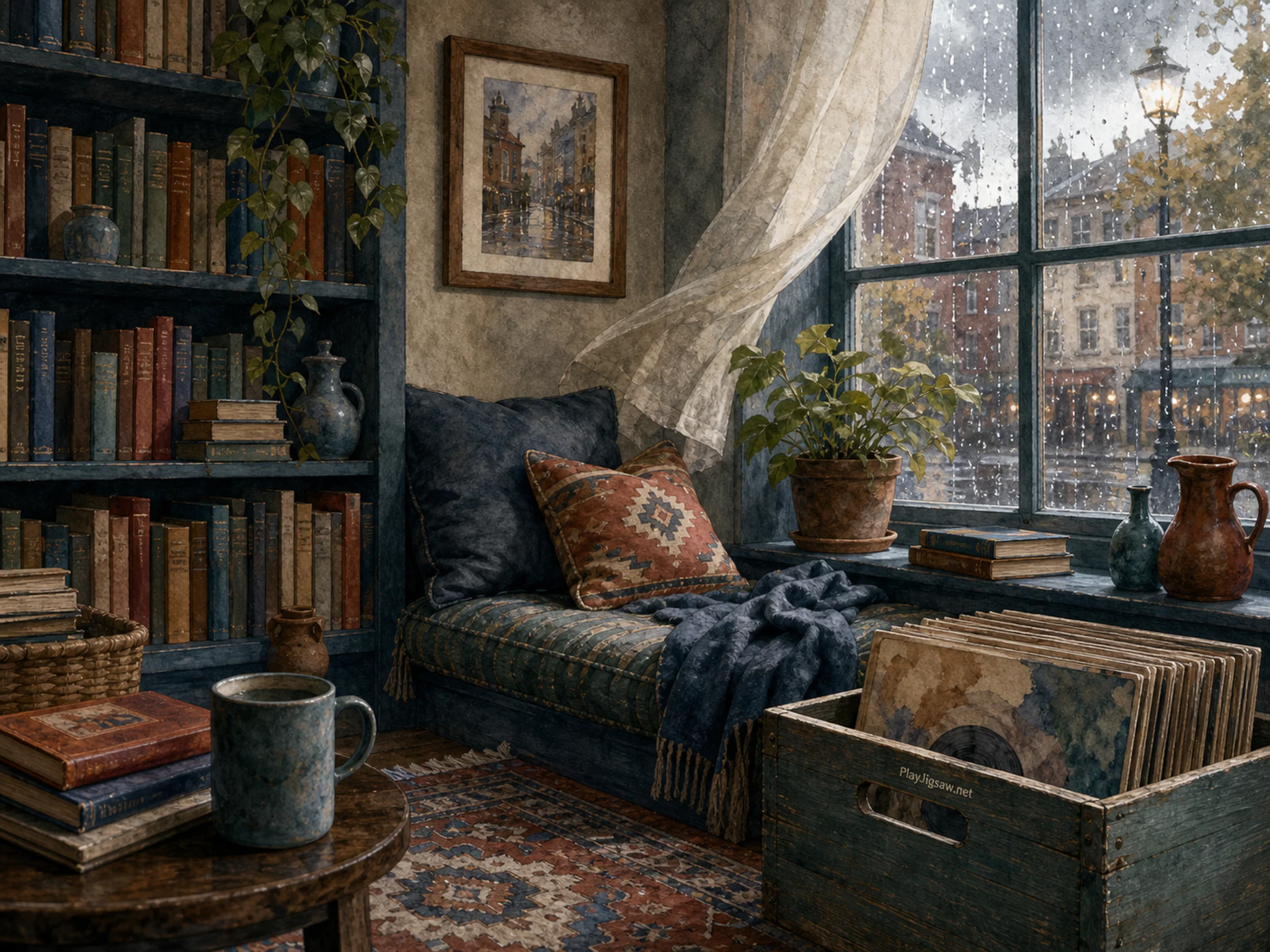 Bookshop Corner catching a breeze beside woven porch cushion in a calm listening corner, with layered scenery and soft overcast afternoon.