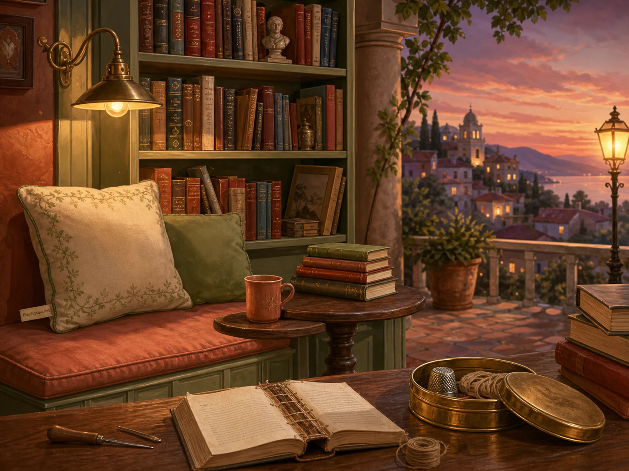 Bookshop Corner being mended beside brass thimble tin in a sheltered outdoor veranda, with layered scenery and golden lamplight at dusk.