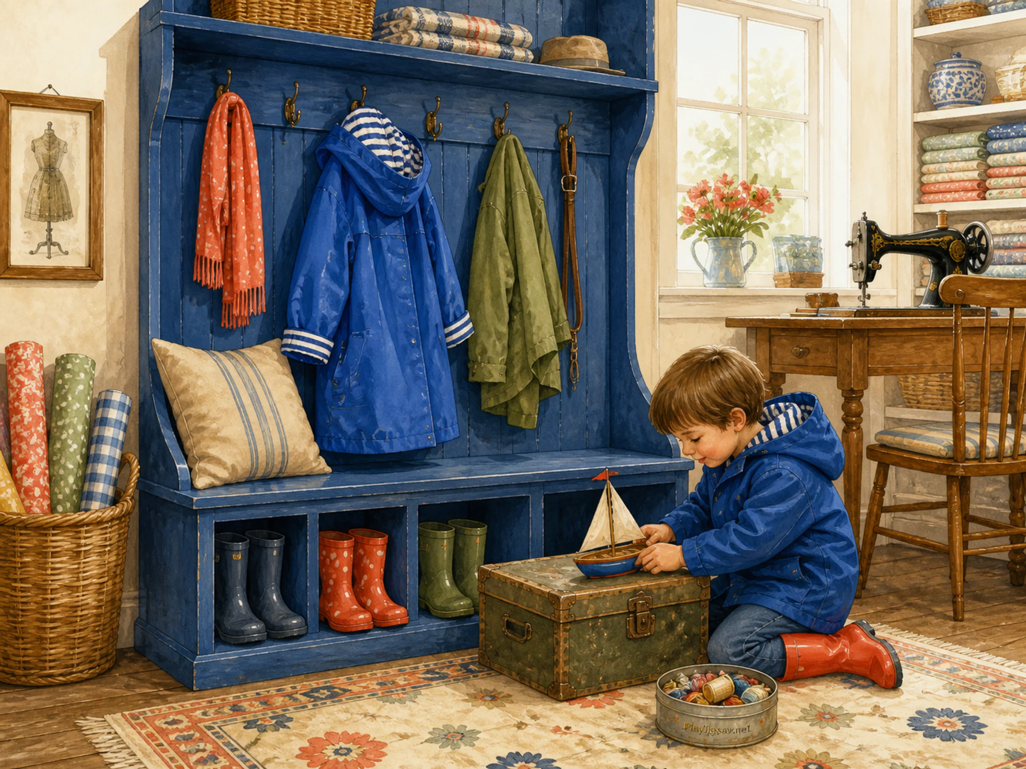 Raincoat Mudroom playing softly near small storage trunk in a fabric-filled sewing room, with layered scenery and bright diffused window light.