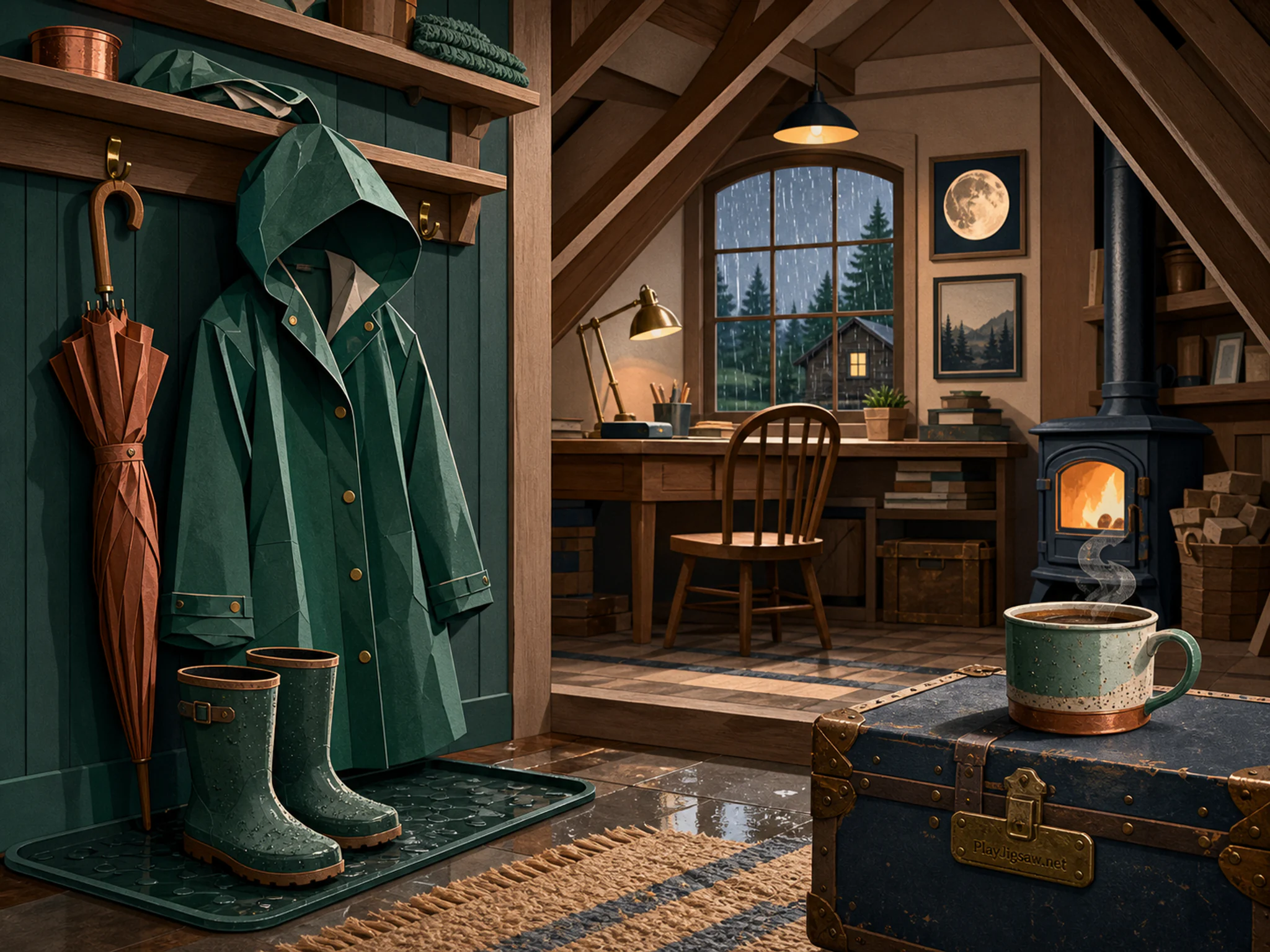 Raincoat Mudroom warming near ceramic breakfast mug in a timbered attic workspace, with layered scenery and gentle rain with crisp reflections.