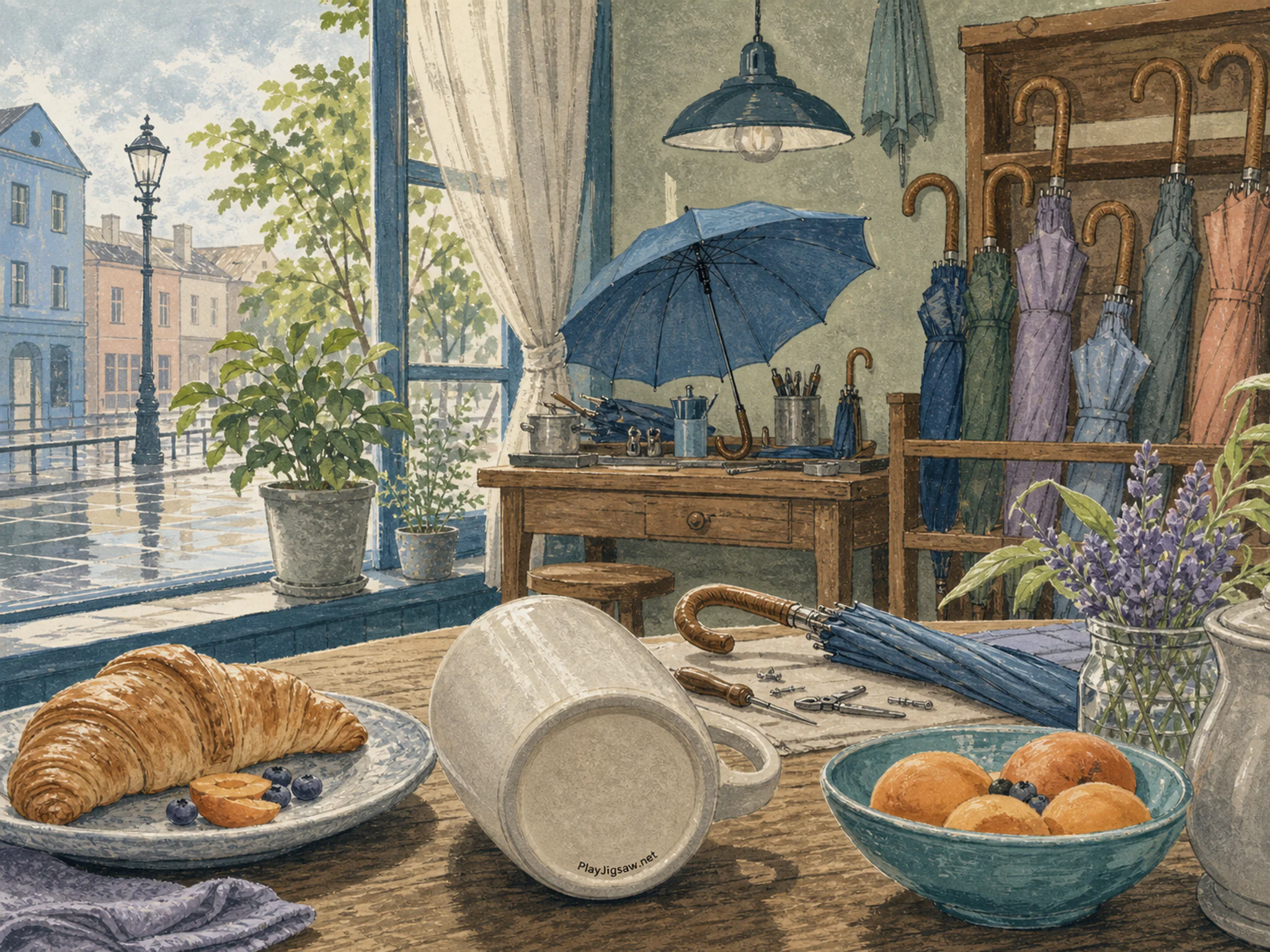 Umbrella Repair Shop nestled beside wooden umbrella stand in a bright morning breakfast corner, with layered scenery and soft overcast afternoon.