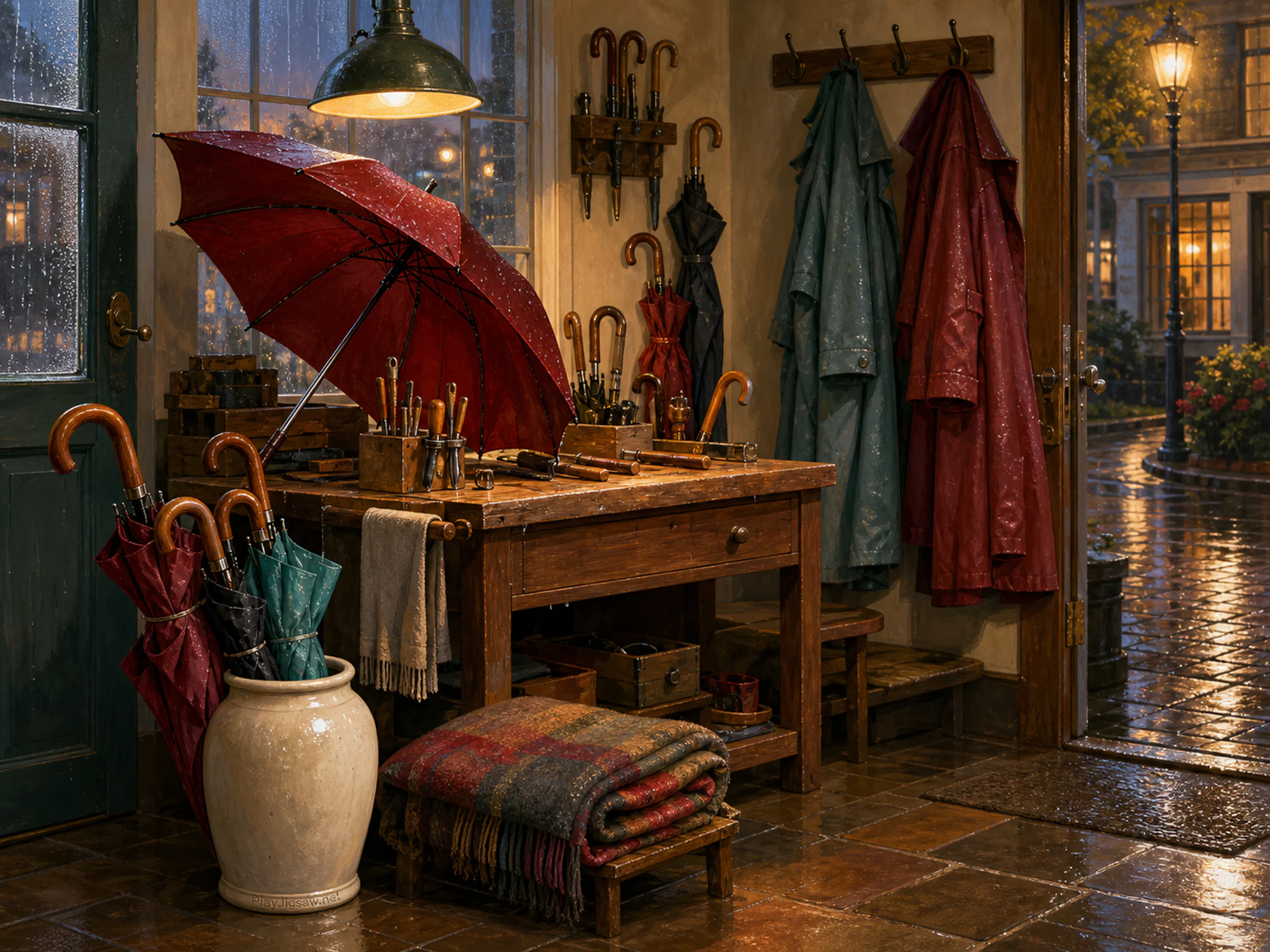 Umbrella Repair Shop drying beside folded wool blanket in a rain-speckled entry room, with layered scenery and golden lamplight at dusk.