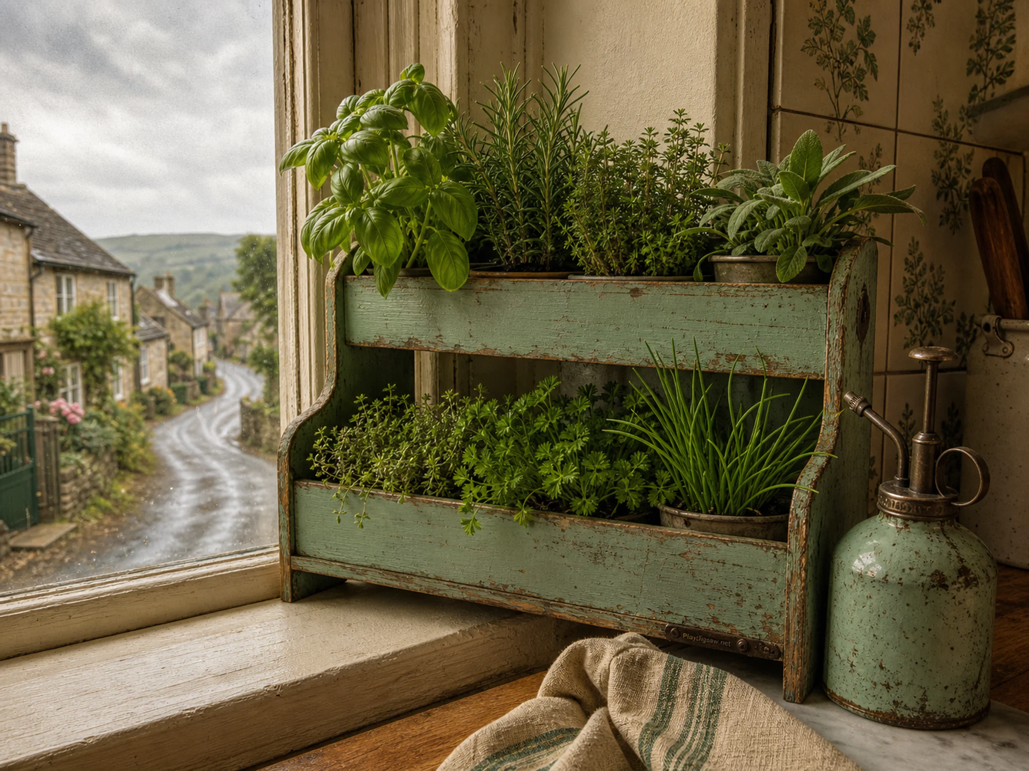 window herb shelf resting naturally beside an enamel plant mister in an apartment kitchen window with a useful herb shelf, with familiar objects and soft overcast afternoon.