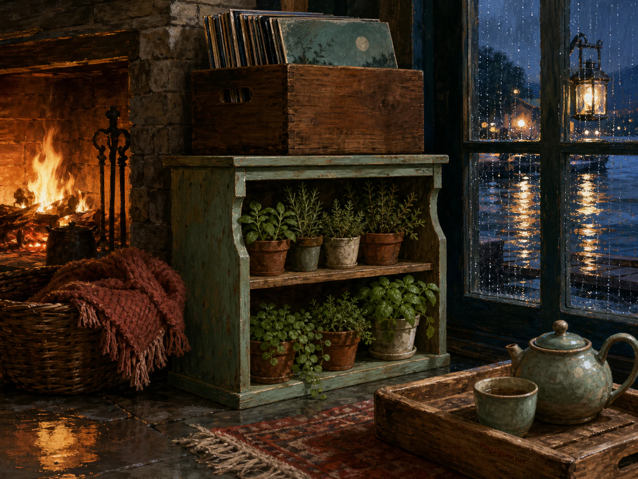 Window Herb Shelf stored beneath walnut record crate in a firelit evening corner, with layered scenery and gentle rain with crisp reflections.