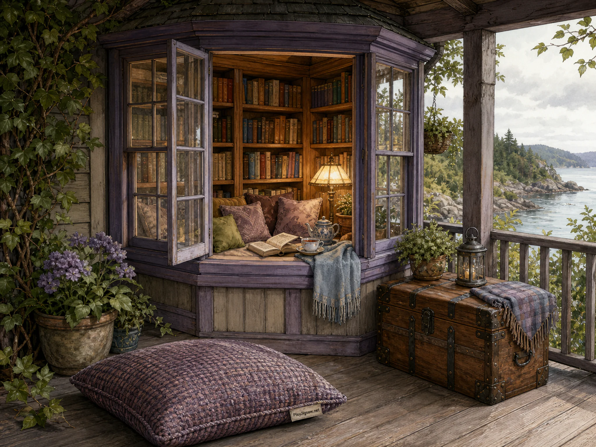 Bay Window Library warming near small storage trunk in a sheltered outdoor veranda, with layered scenery and soft overcast afternoon.