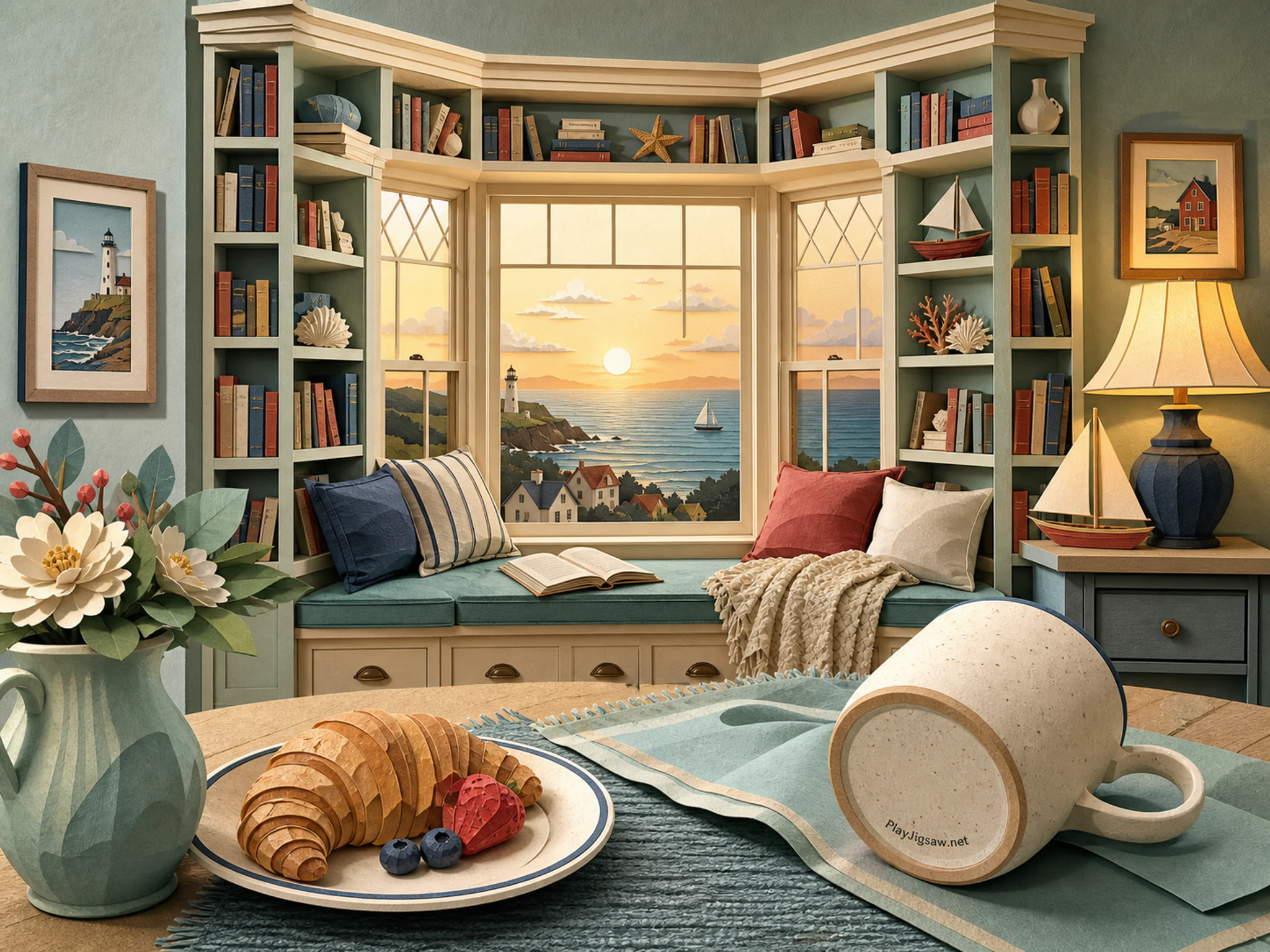 Bay Window Library playing softly near ceramic breakfast mug in a bright morning breakfast corner, with layered scenery and golden lamplight at dusk.
