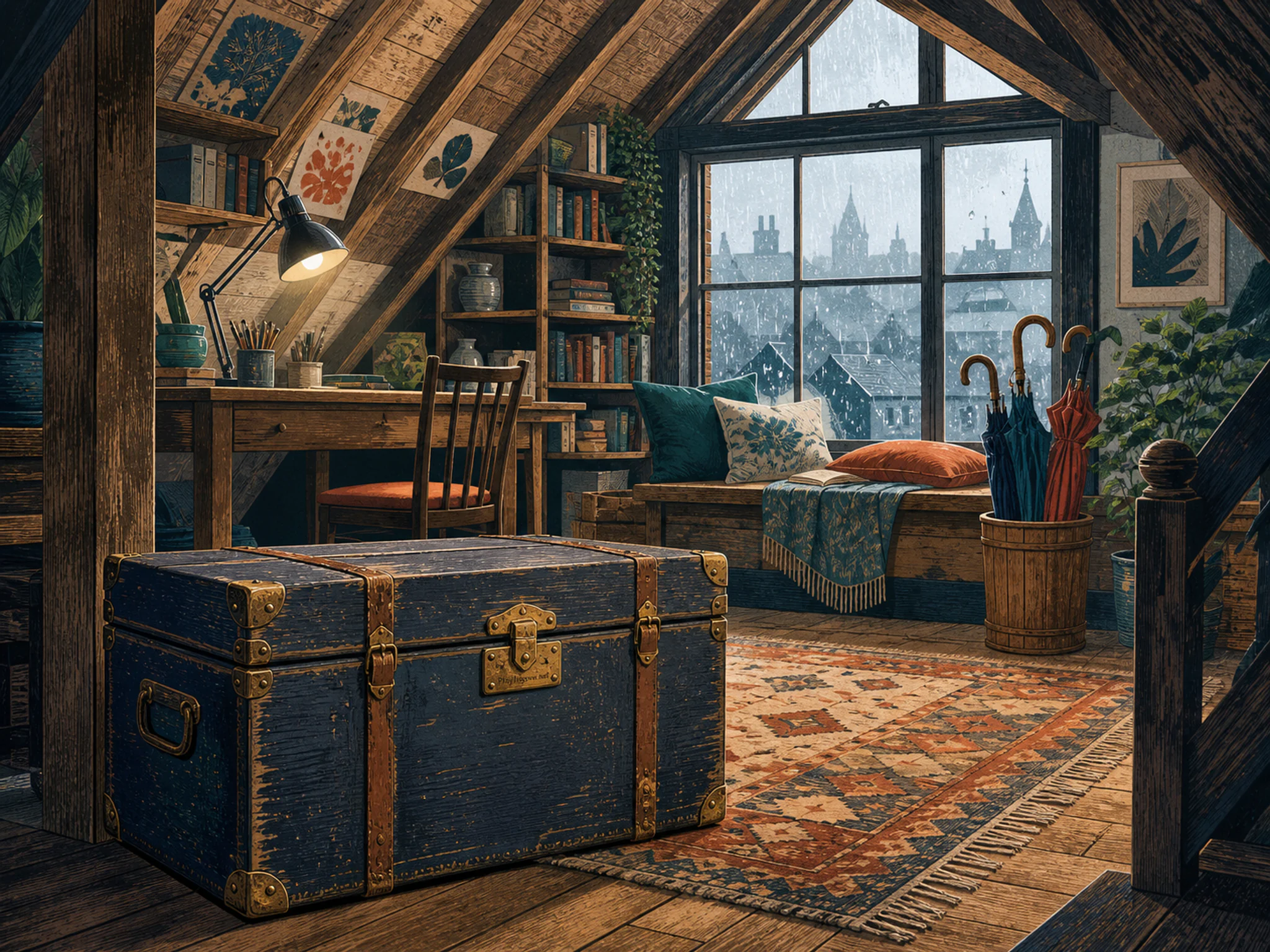 Rainy Window Nook drying beside wooden umbrella stand in a timbered attic workspace, with layered scenery and bright diffused window light.