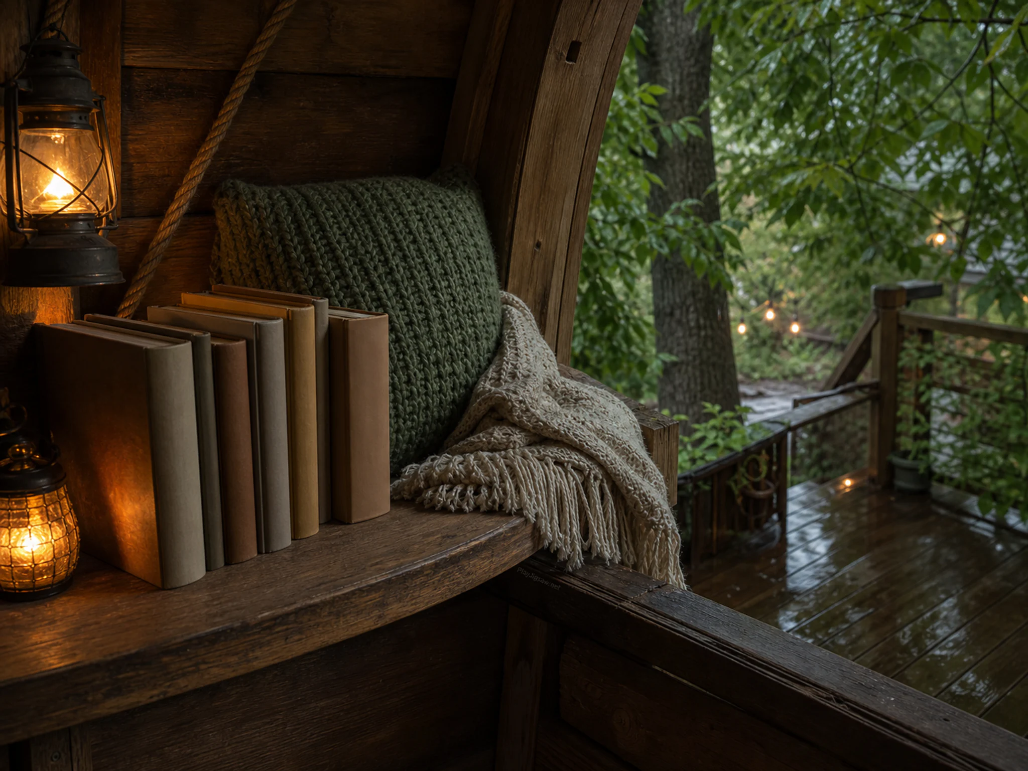 treehouse reading shelf resting naturally beside a knitted cushion in a backyard treehouse reading nook with blankets and books without text, with familiar objects and gentle.