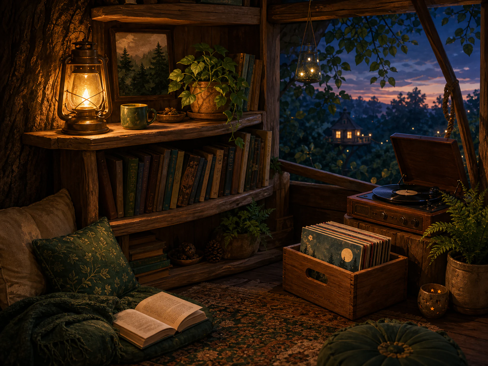 Treehouse Reading Shelf set for morning near walnut record crate in a calm listening corner, with layered scenery and golden lamplight at dusk.