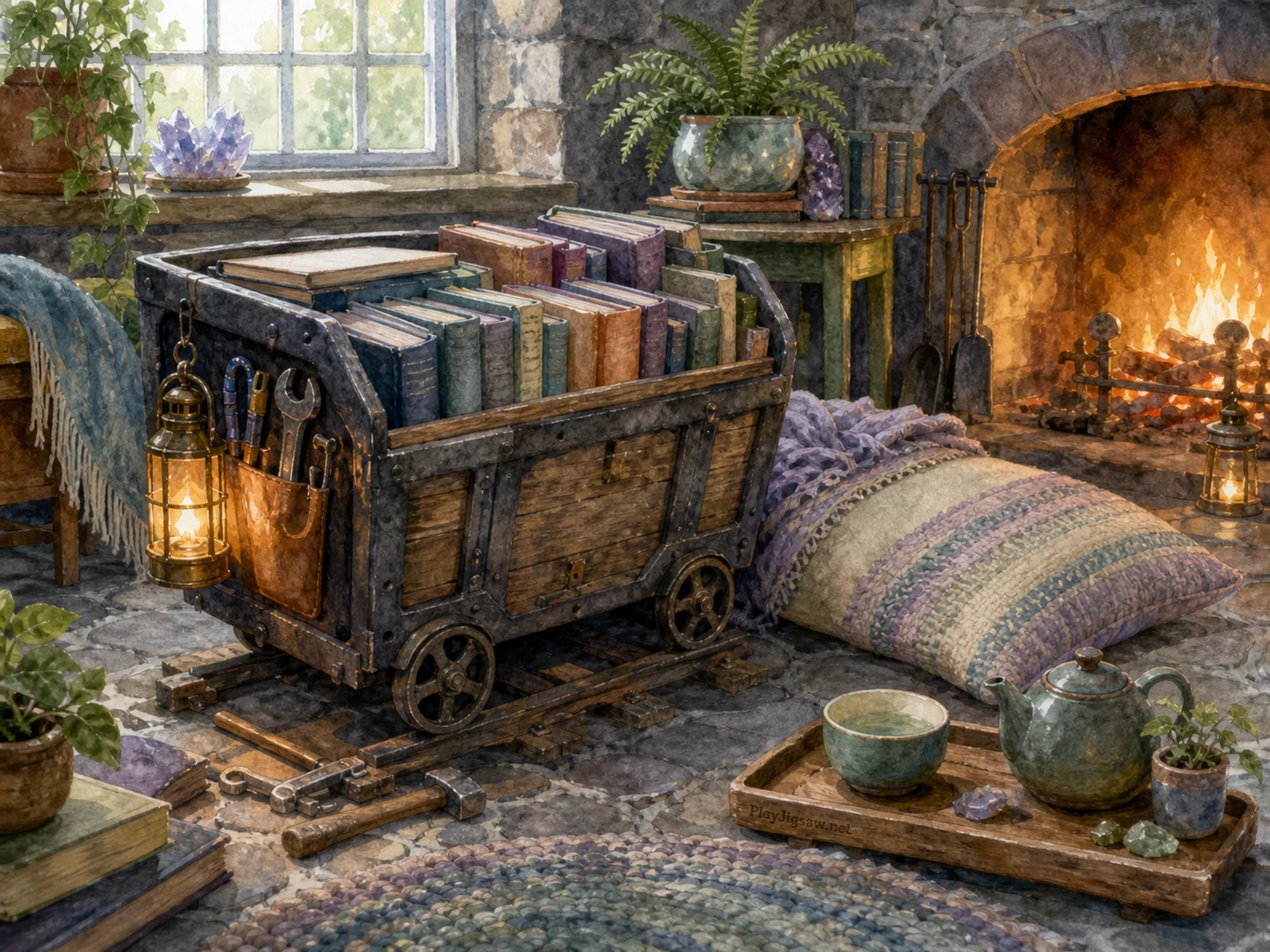 Underground Book Cart being mended beside woven porch cushion in a firelit evening corner, with layered scenery and bright diffused window light.