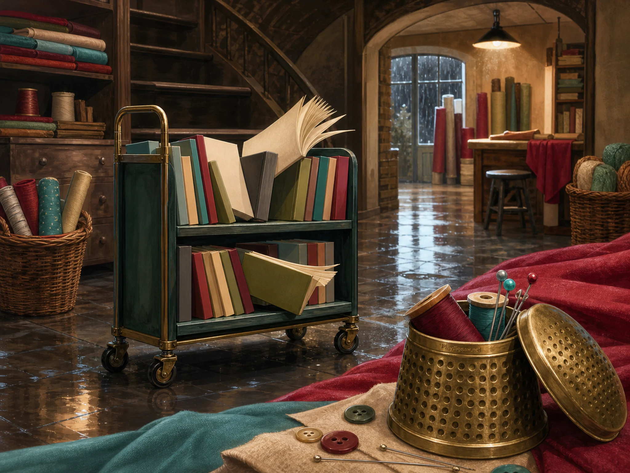 Underground Book Cart catching a breeze beside brass thimble tin in a fabric-filled sewing room, with layered scenery and gentle rain with crisp reflections.