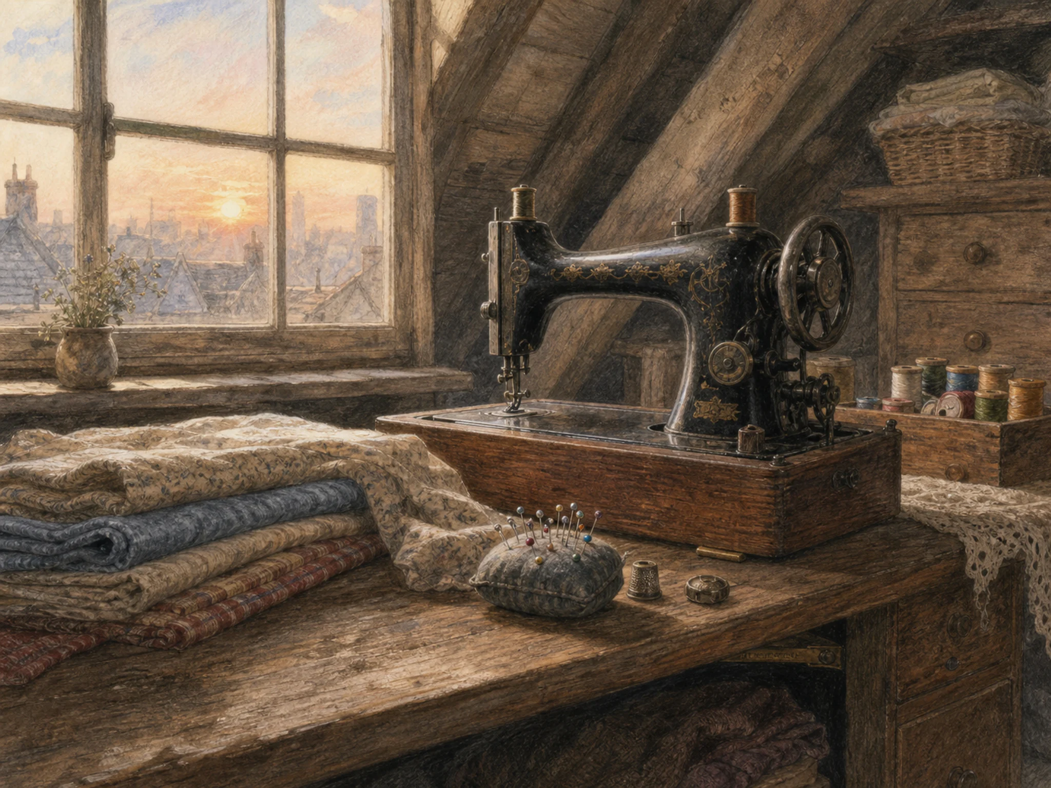 attic sewing machine resting naturally beside a pin cushion in an attic sewing room with folded cloth and a familiar machine, with familiar objects and calm misty dawn.