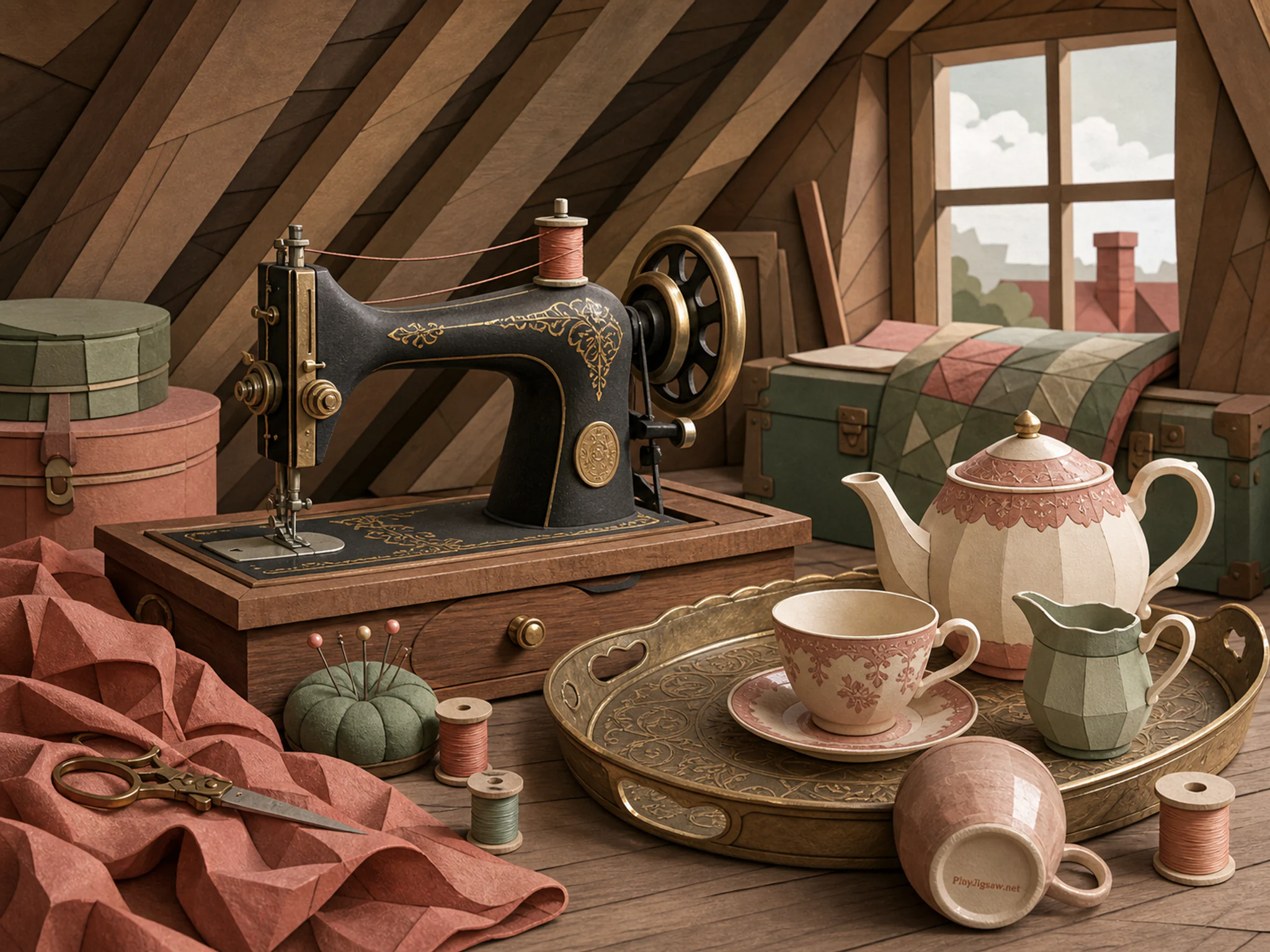 Attic Sewing Machine playing softly near engraved tea tray in a timbered attic workspace, with layered scenery and soft overcast afternoon.