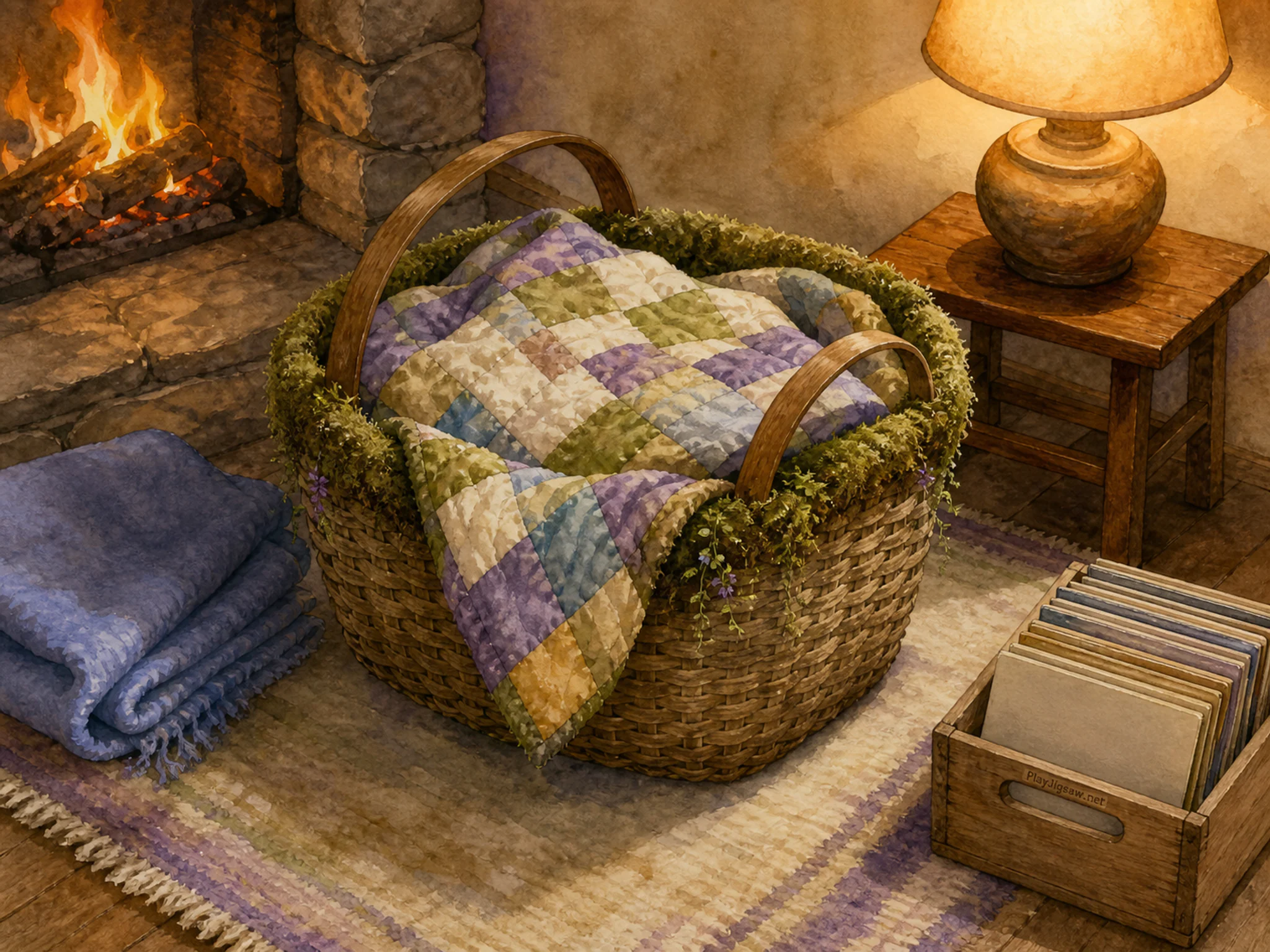 Moss Quilt Basket catching a breeze beside folded wool blanket in a firelit evening corner, with layered scenery and golden lamplight at dusk.