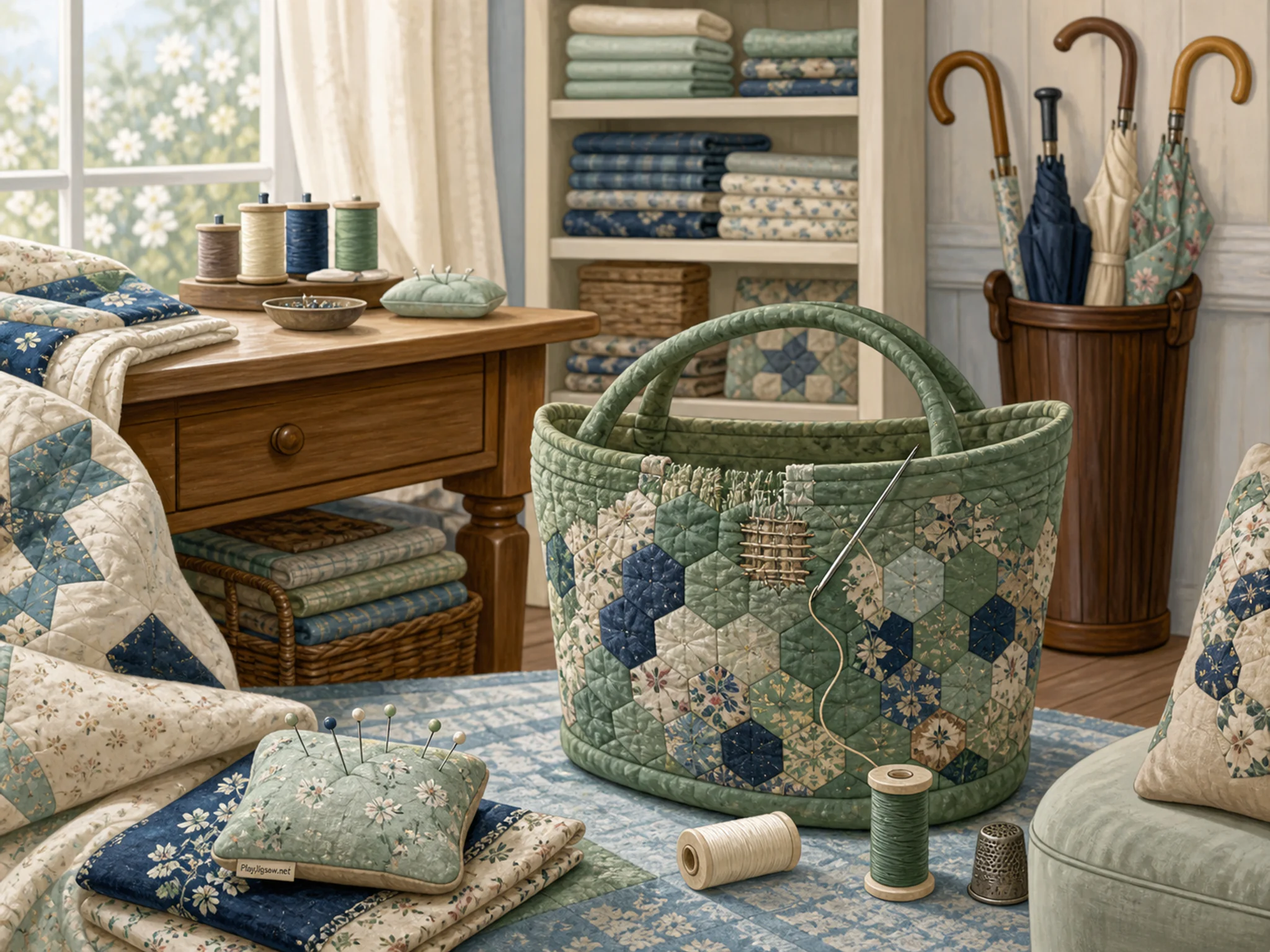 Moss Quilt Basket being mended beside wooden umbrella stand in a fabric-filled sewing room, with layered scenery and bright diffused window light.