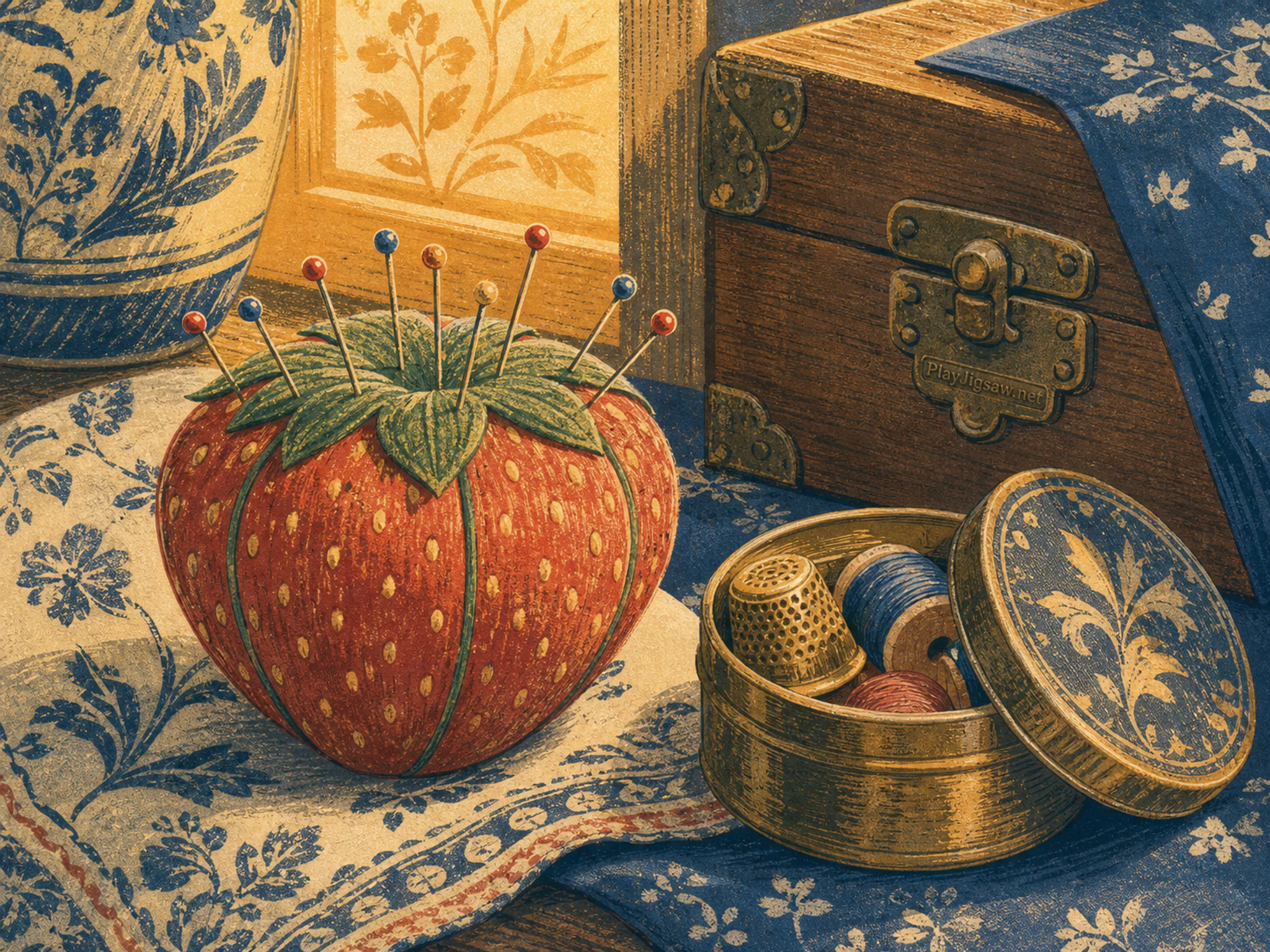 Strawberry Pincushion drying beside brass thimble tin in a bright morning breakfast corner, with layered scenery and golden lamplight at dusk.