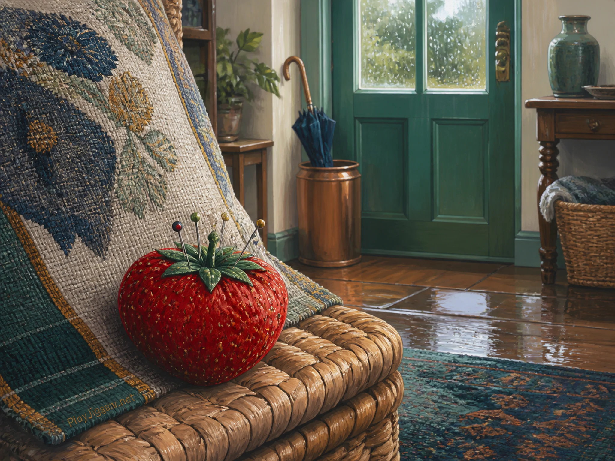 Strawberry Pincushion nestled beside woven porch cushion in a rain-speckled entry room, with layered scenery and bright diffused window light.