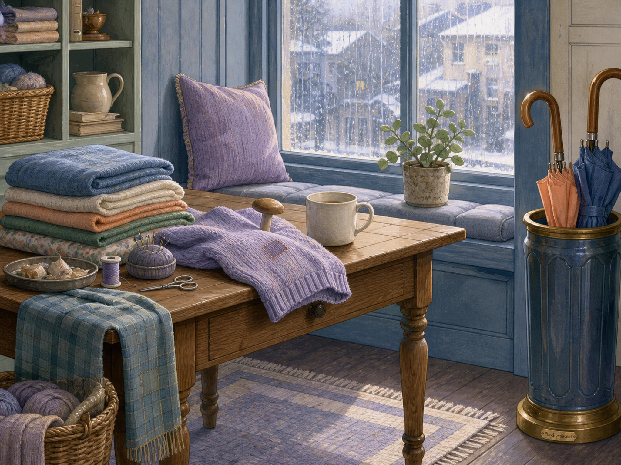 Winter Mending Table set for morning near ceramic breakfast mug in a softly lit window alcove, with layered scenery and gentle rain with crisp reflections.