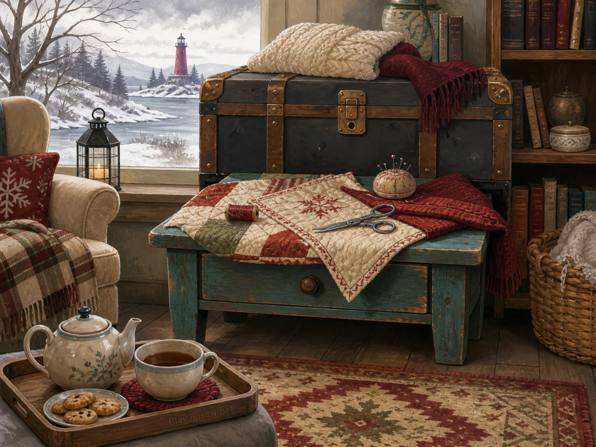 Winter Mending Table stored beneath small storage trunk in a calm listening corner, with layered scenery and soft overcast afternoon.