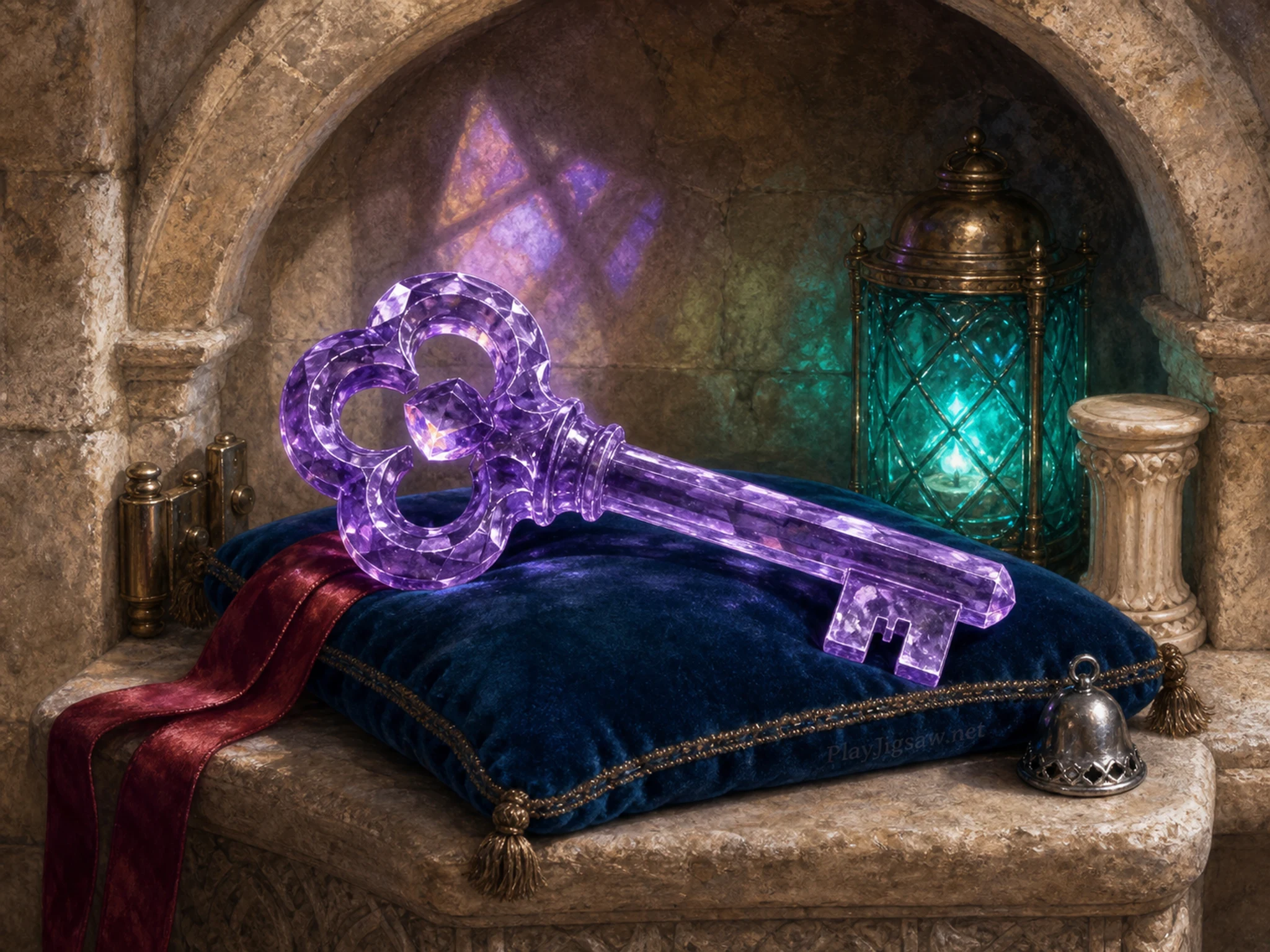 A stone alcove with an amethyst crystal key on a velvet cushion, teal glass lantern, brass hinge fragment, ivory pedestal, ruby ribbon, silver bell, arched shadow, and a tiny in-world cushion embroidery