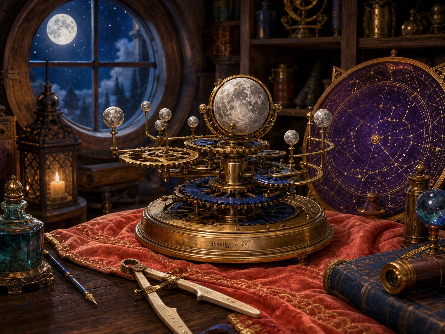 A fantasy observatory worktable with a brass clockwork moon orrery, small silver moons, cobalt gear wheels, violet star chart, coral velvet cloth, ivory measuring calipers, teal oil bottle, shelves, and a subtle maker mark brass base engrav