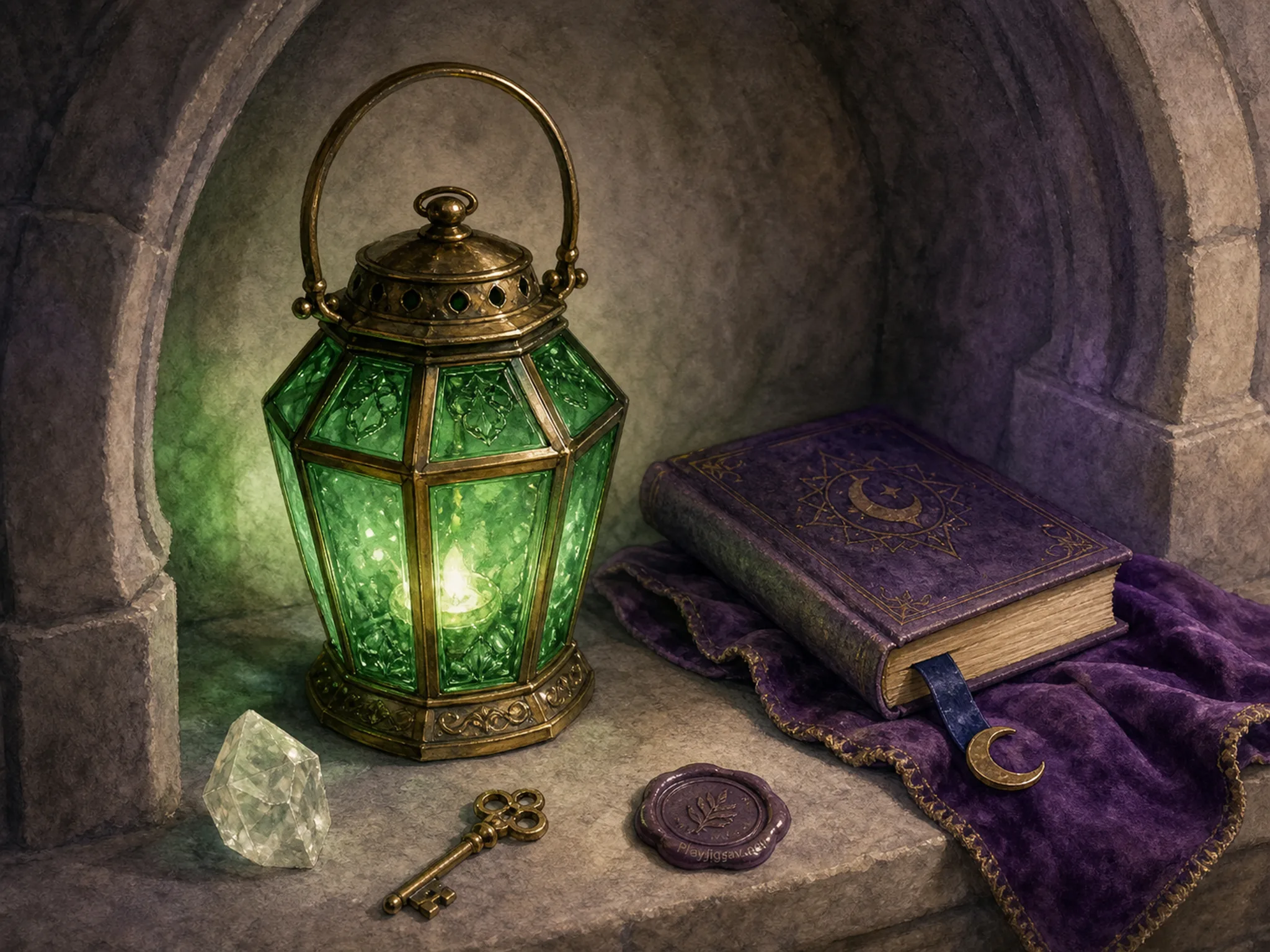 A stone library alcove with a glowing emerald glass lantern, closed purple book, brass key, velvet cloth, crystal, wax seal, and moon bookmark