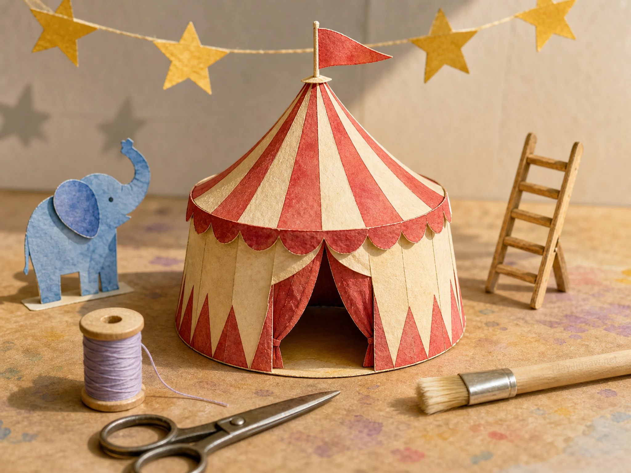 A handmade paper circus diorama with a red and cream paper tent, blue paper elephant cutout, yellow star garland, wooden ladder, thread spool, scissors, glue brush, and a tiny in-world brush mark