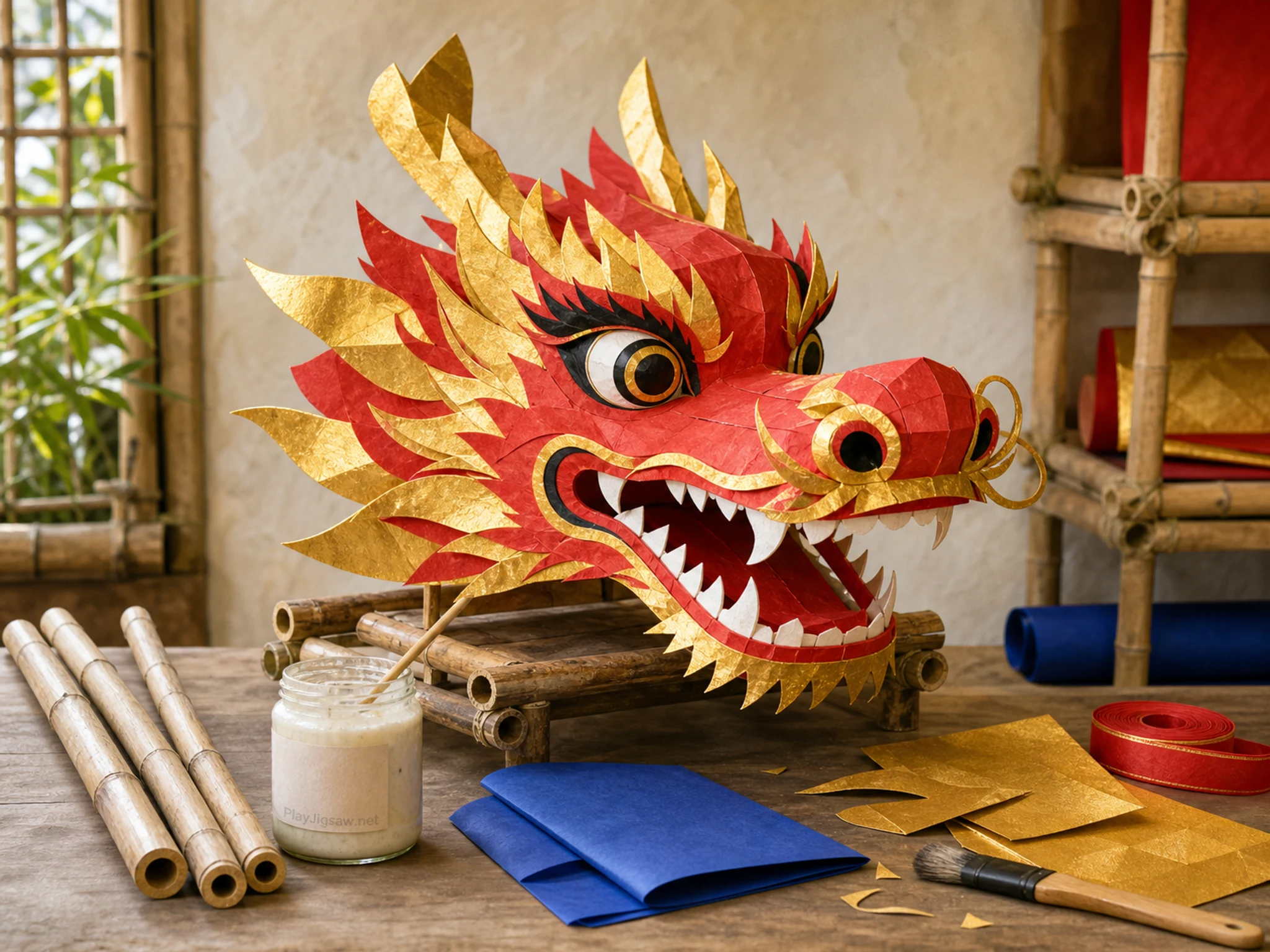 A small puppet workshop with a folded paper dragon puppet, bamboo rods, crimson tassel, ink brush, scissors, thread spool, blank parchment, and a tiny stamped in-world maker mark