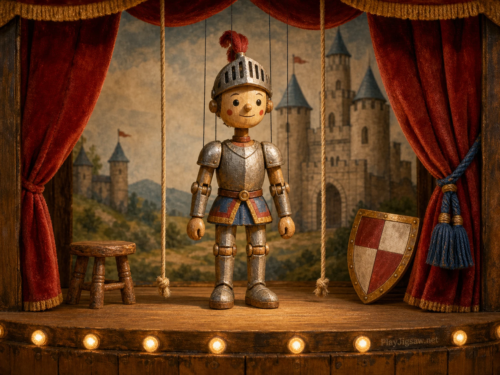 A tiny puppet theater stage with a wooden knight marionette, red curtains, painted castle backdrop, stool, shield prop, footlights, control strings, and a tiny engraved in-world maker mark