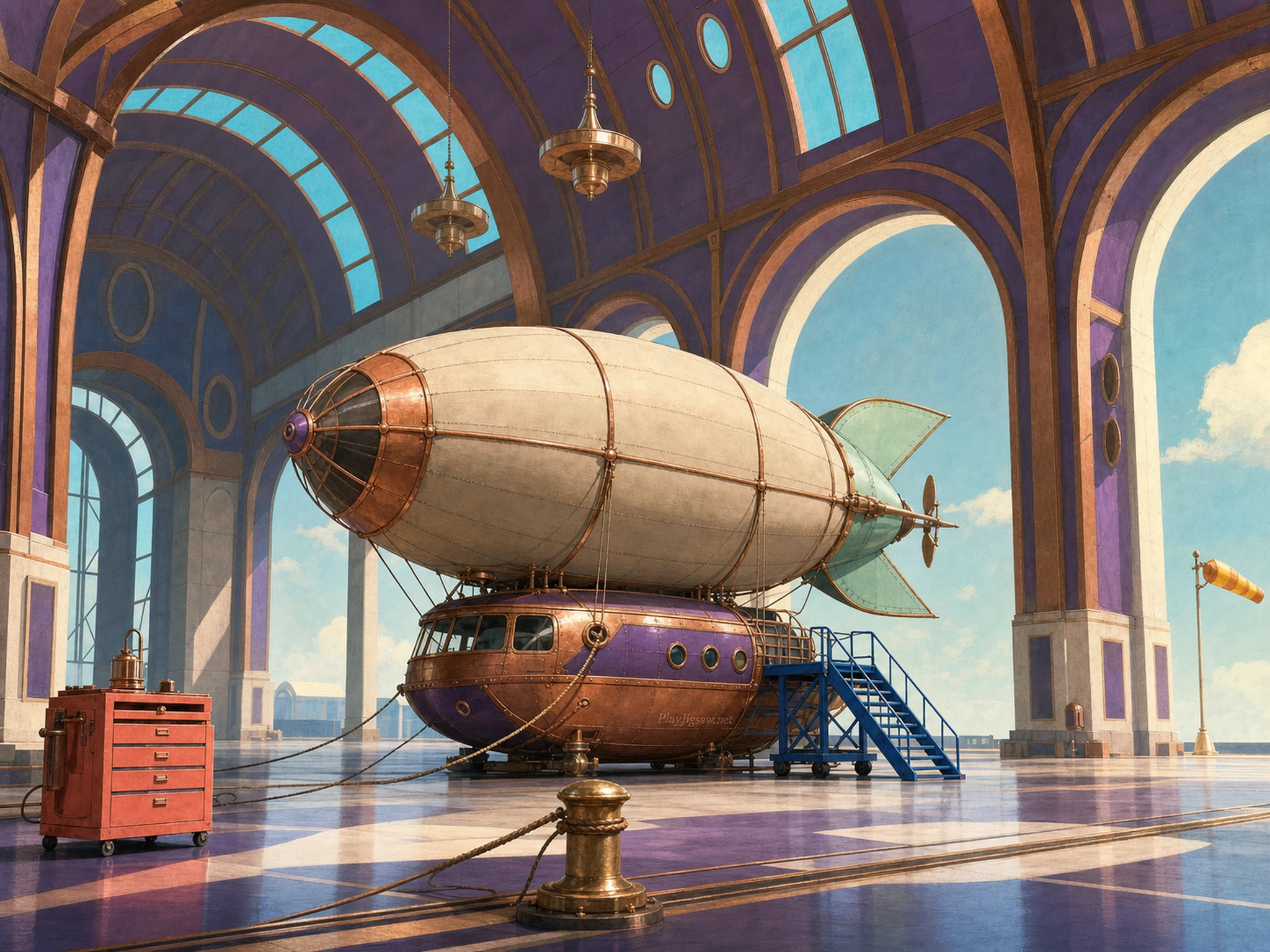 A fantasy aerodrome with a copper-and-violet airship, cream envelope, mint fins, cobalt stairs, coral tool chest, brass mooring bollard, cyan skylights, saffron windsock, and a PlayJigsaw.net gondola mark, rendered in retro-futurist architectural gouache.