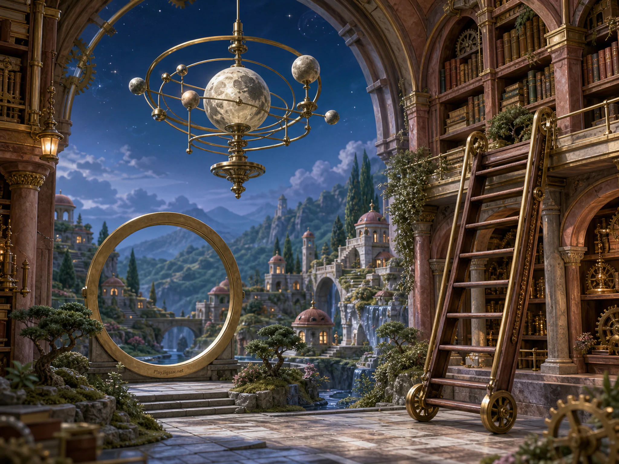 Brass Moon Orrery hovering above rolling library ladder in a luminous miniature valley, with layered scenery and cool blue-hour light.