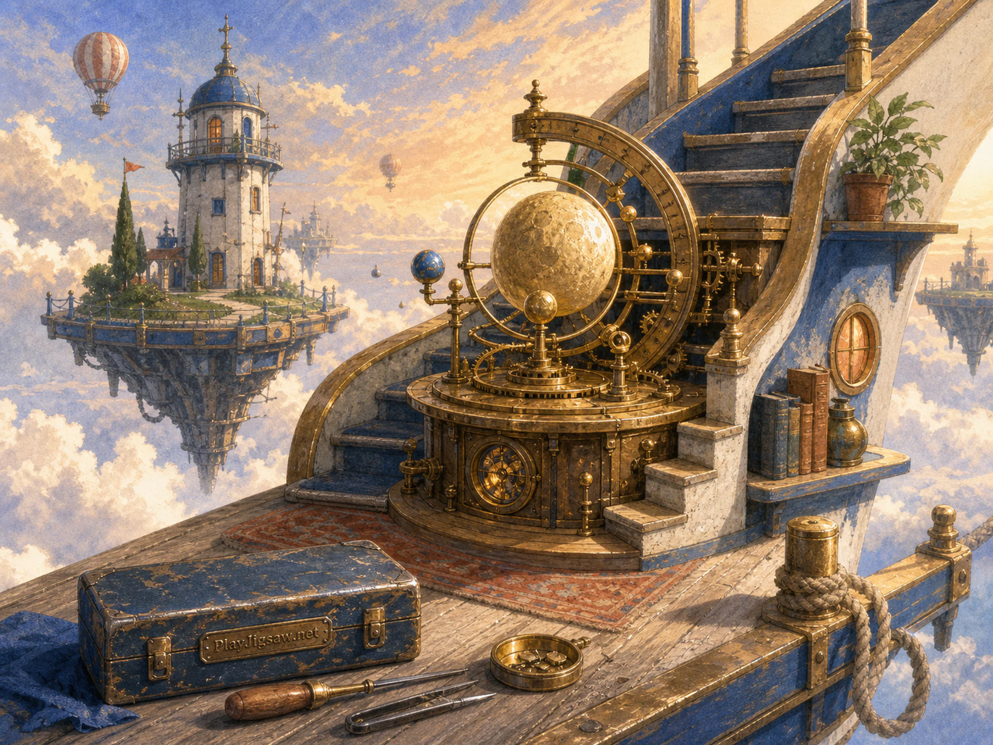 Brass Moon Orrery built within miniature household stair in a cloud-ringed floating dock, with layered scenery and warm late-day sunlight.