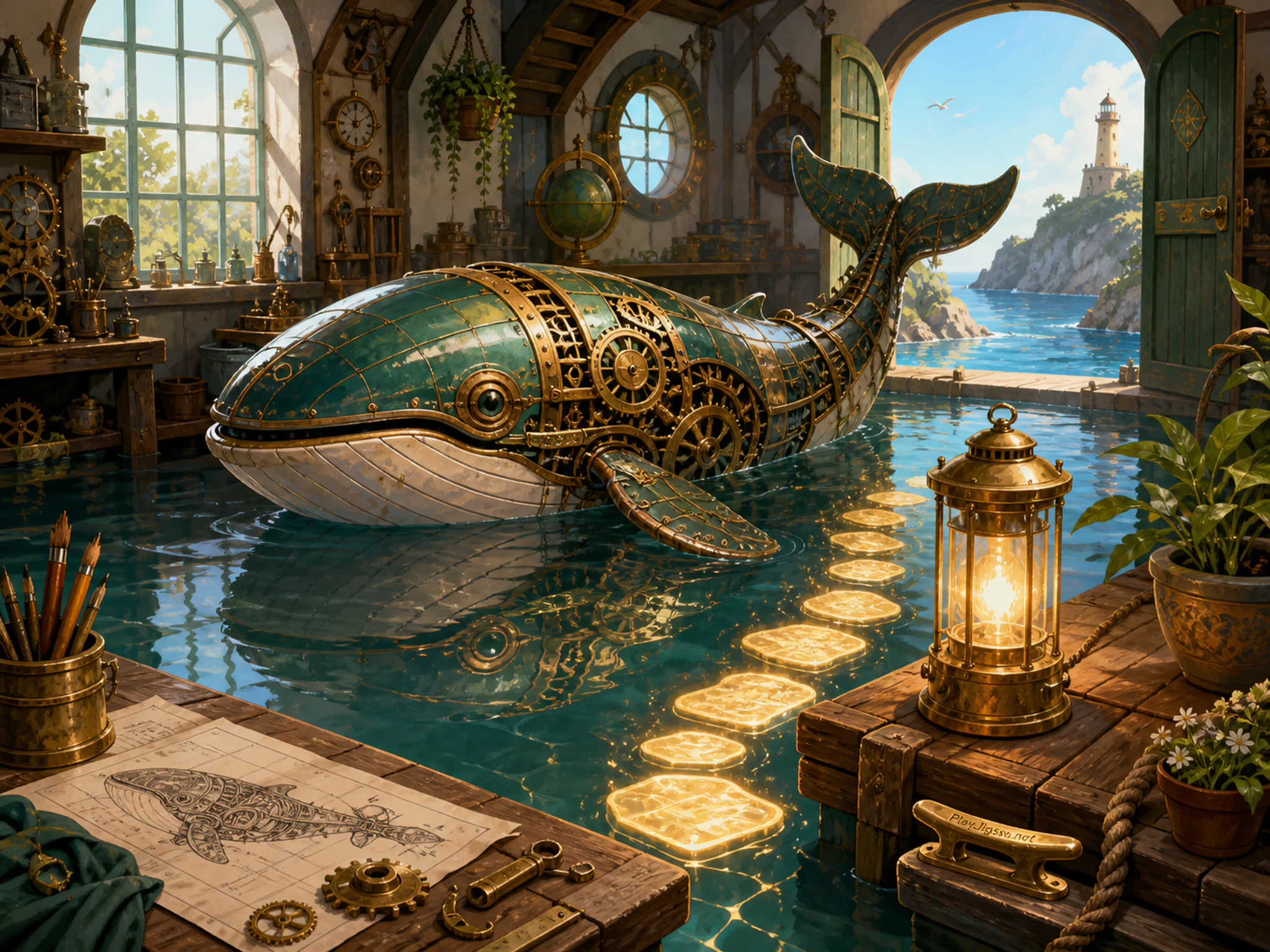Clockwork Whale reflecting across glowing path lantern in a friendly magical workshop, with layered scenery and clear early morning light.