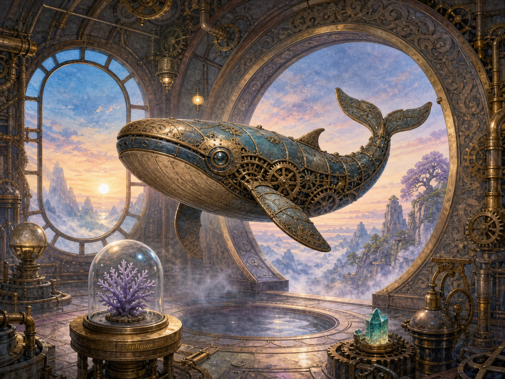 Clockwork Whale turning beside carved moon gate in a brass mechanical chamber, with layered scenery and calm misty dawn.