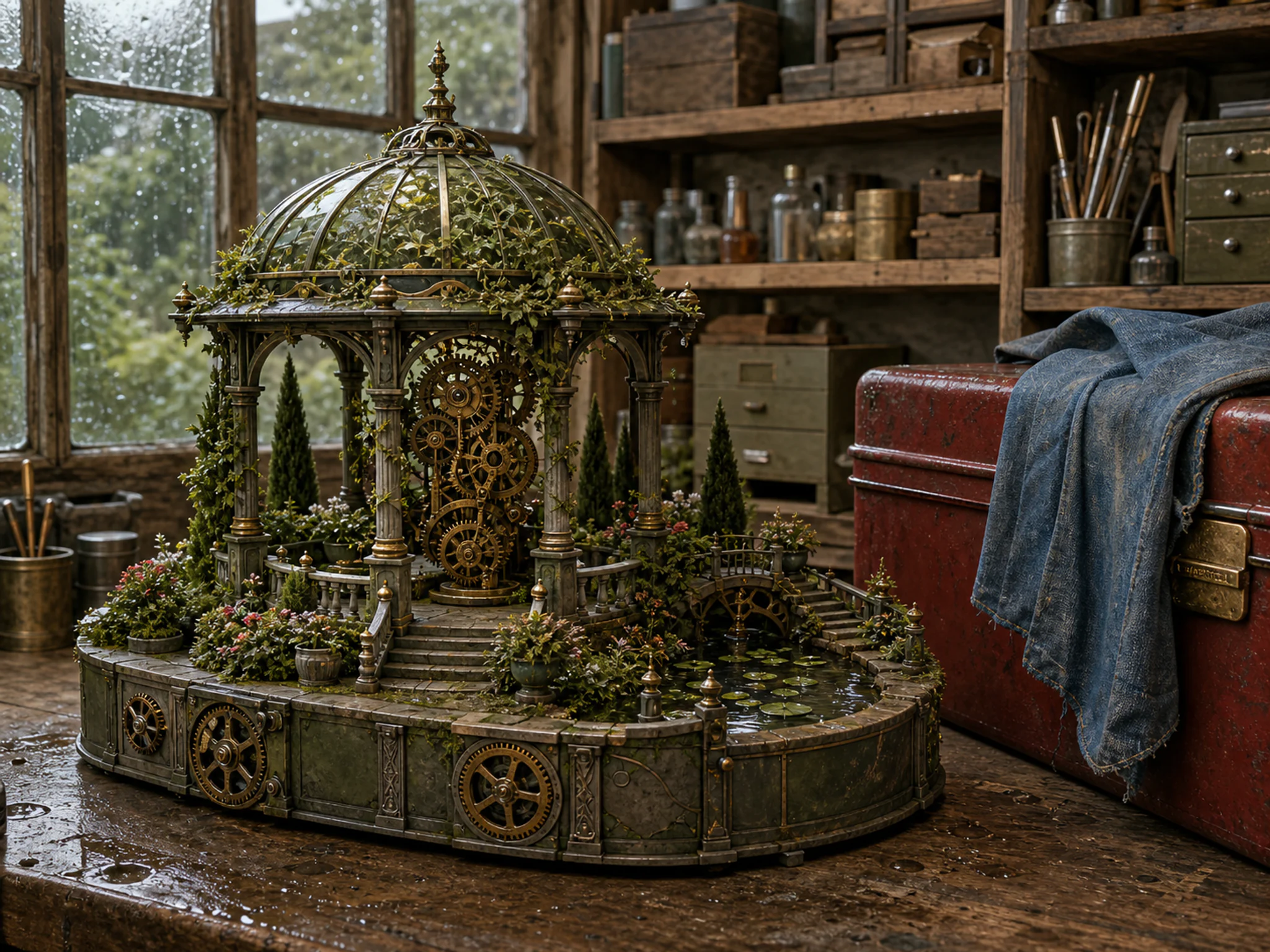 gear garden pavilion presented as a handcrafted miniature beside a red metal toolbox in a clockwork gear-garden pavilion on a garage workbench, with familiar objects and sun.