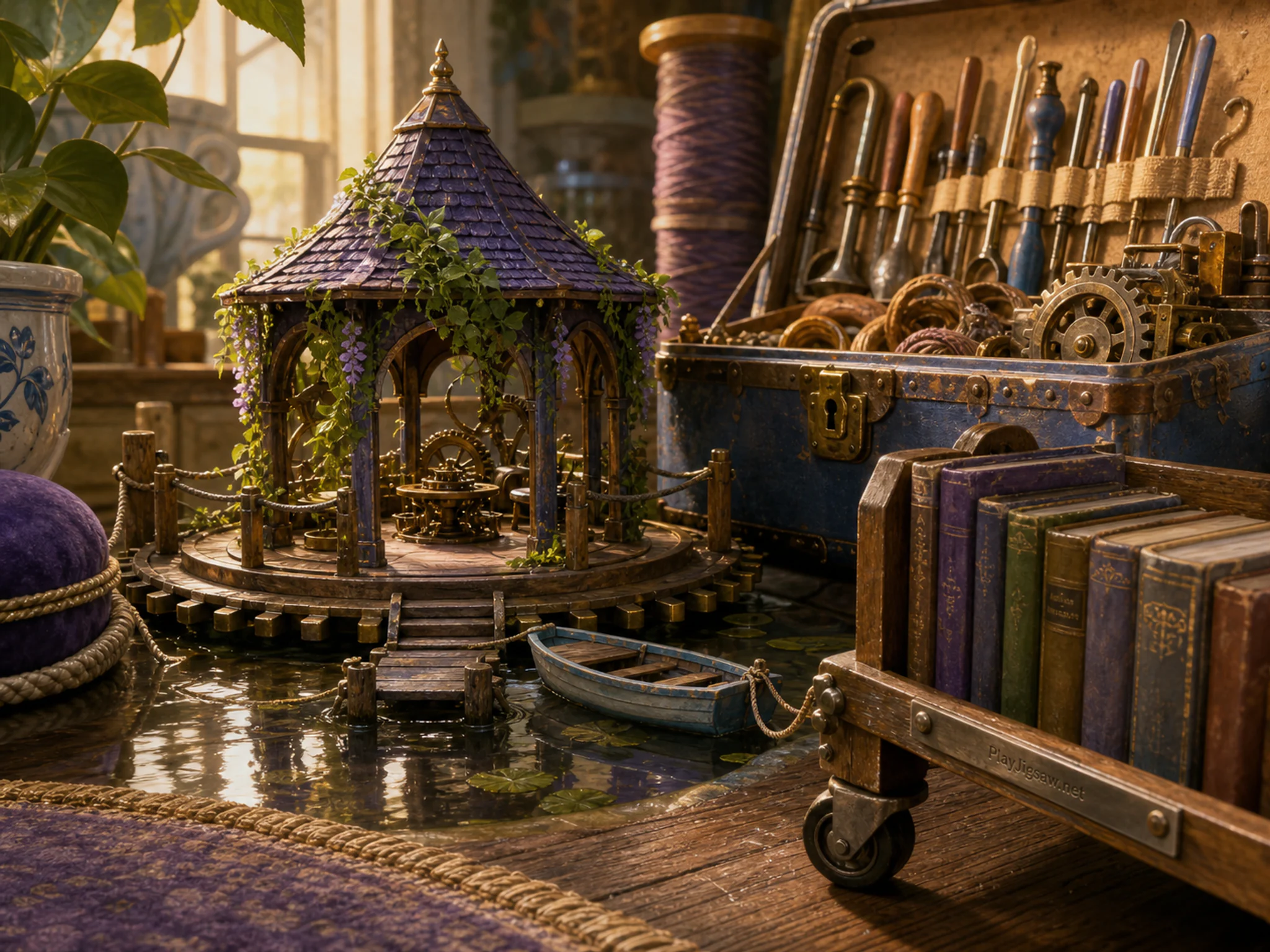 Gear Garden Pavilion moored near well-used magical tool case in a playful oversized household world, with layered scenery and warm late-day sunlight.